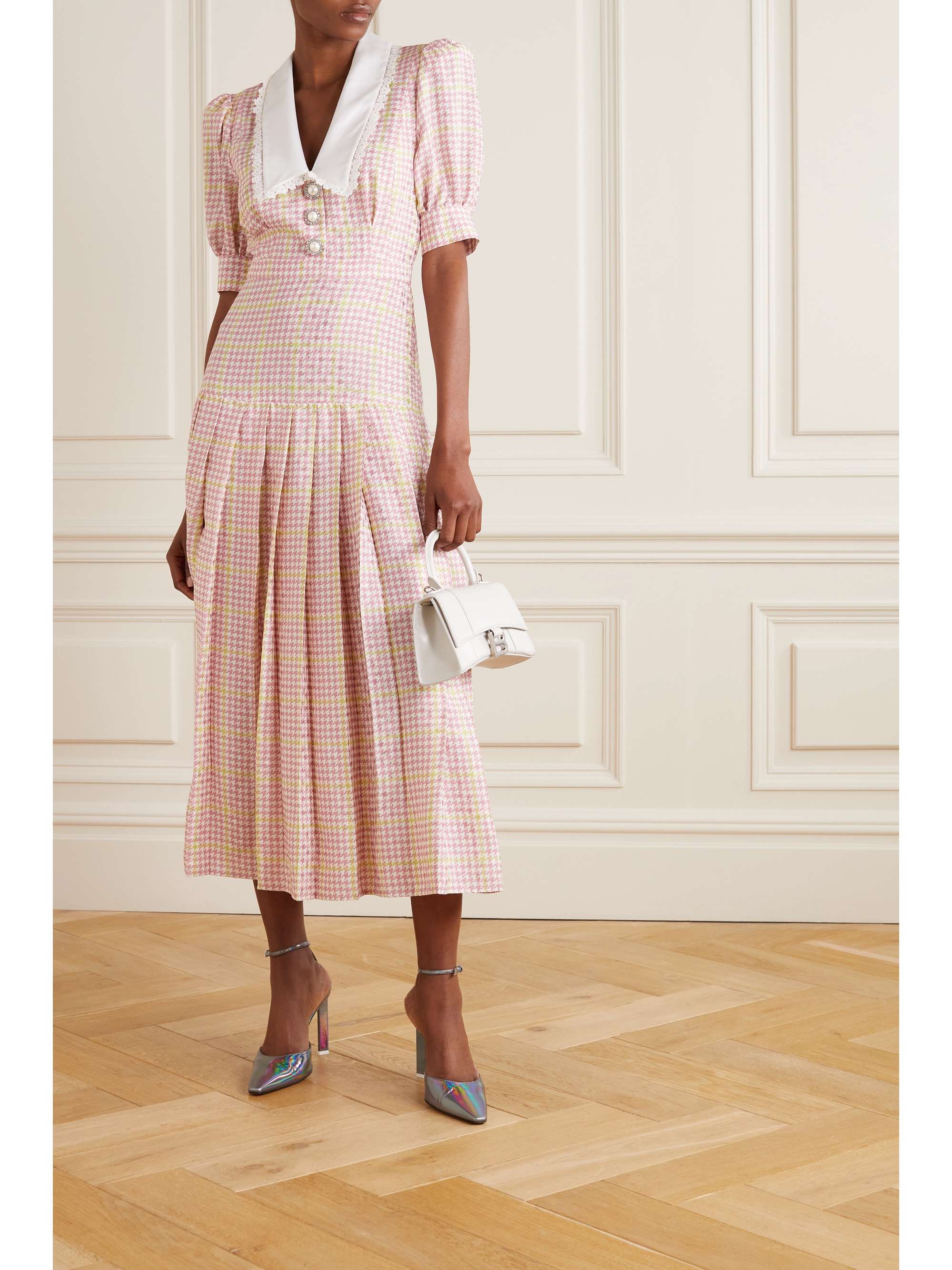 ALESSANDRA RICH Lace-trimmed pleated houndstooth silk midi dress