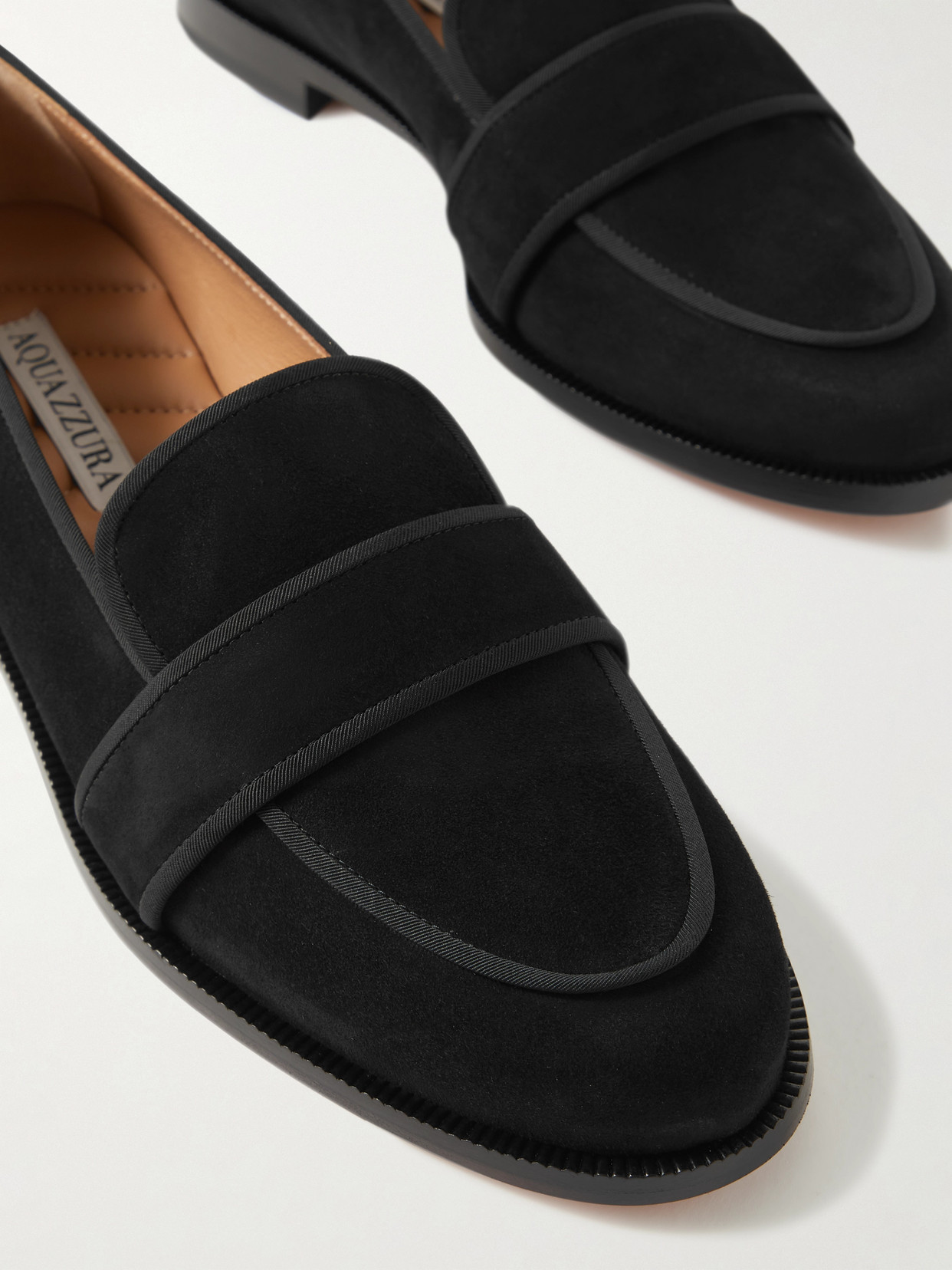 Shop Aquazzura Martin Grosgrain-trimmed Suede Loafers In Black