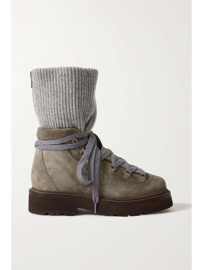 Brunello Cucinelli Suede And Ribbed Cashmere Ankle Boots