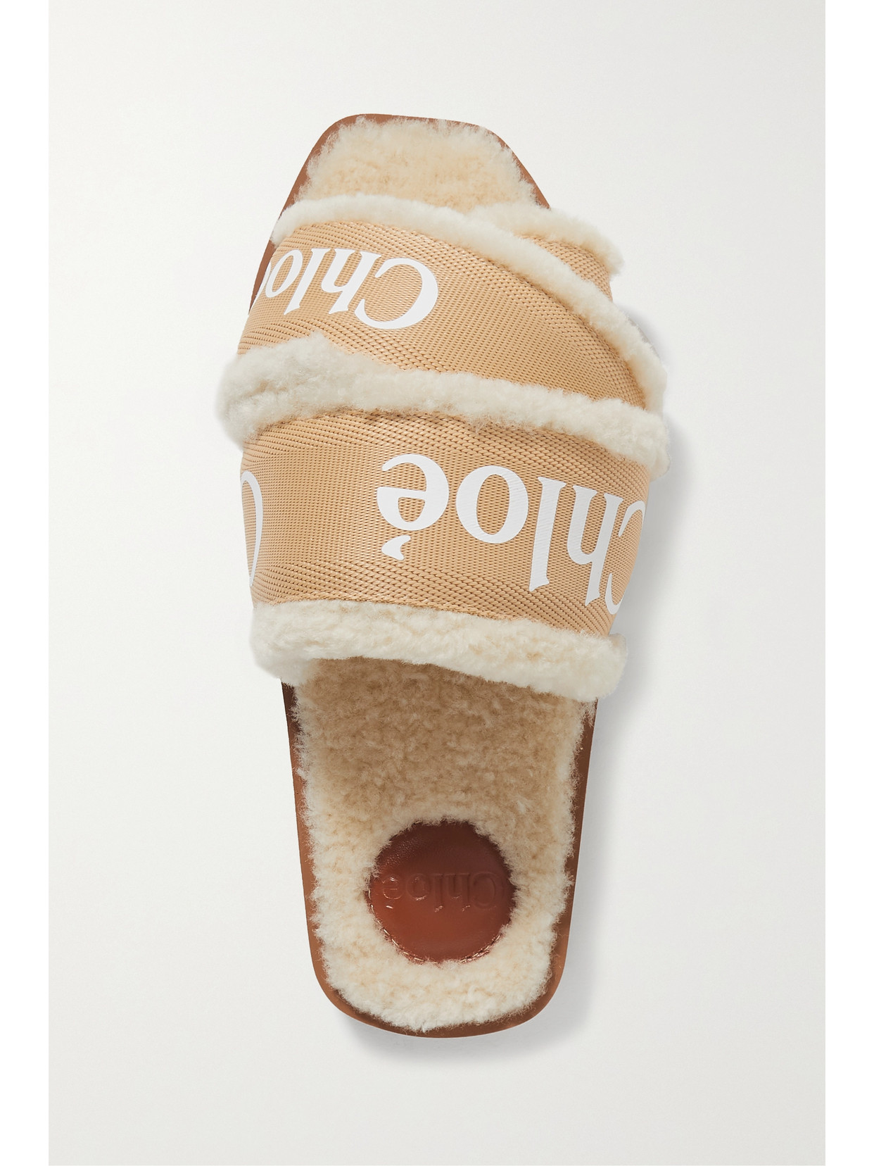 CHLOÉ WOODY SHEARLING-TRIMMED LOGO-PRINT CANVAS SLIDES