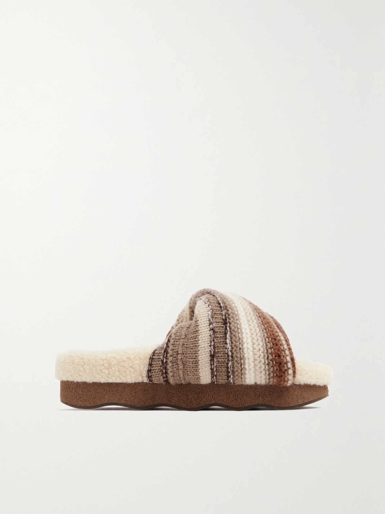 CHLOÉ + NET SUSTAIN WAVY STRIPED RECYCLED CASHMERE-BLEND AND SHEARLING SLIDES