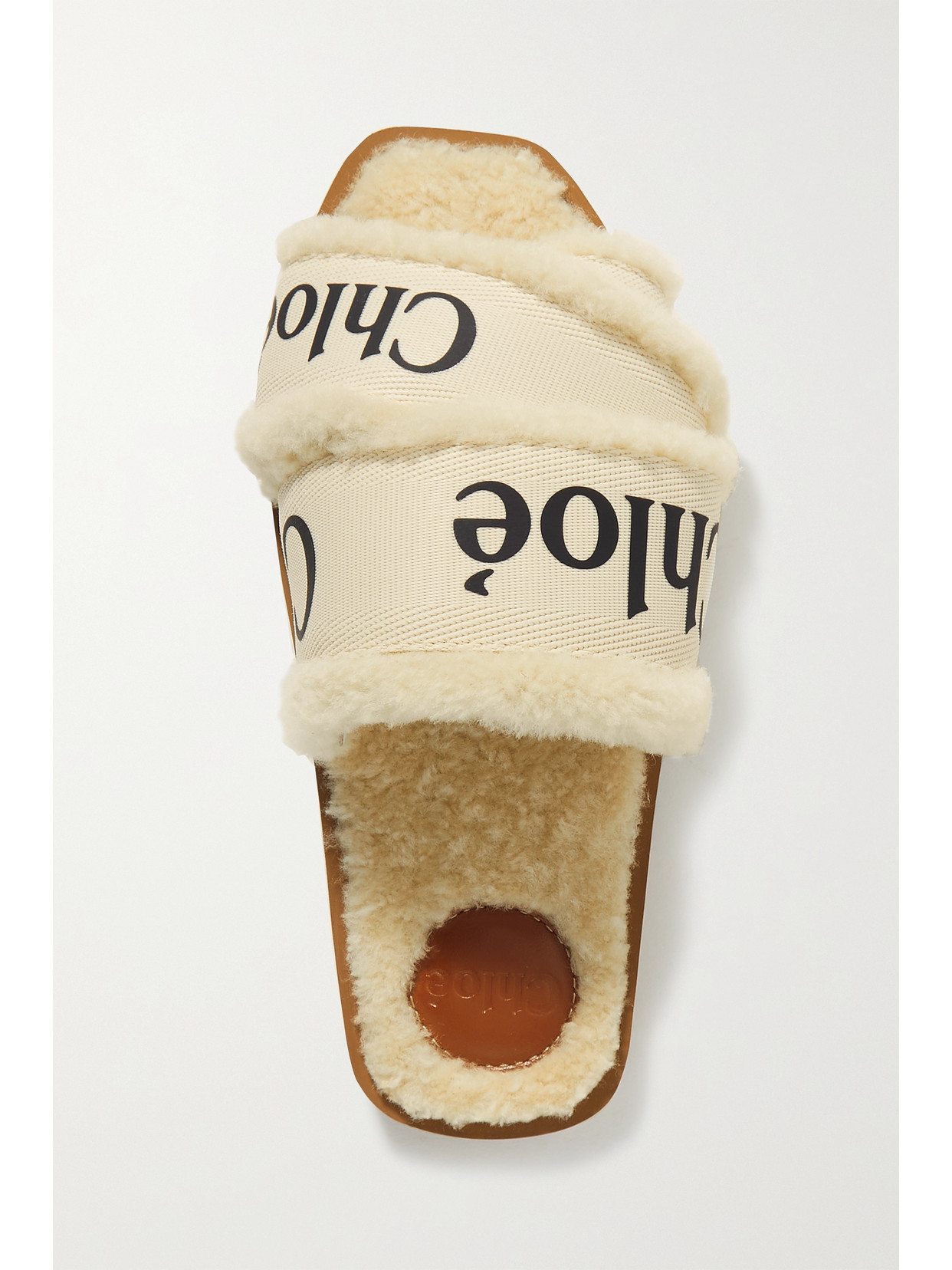 CHLOÉ WOODY SHEARLING-TRIMMED LOGO-PRINT CANVAS SLIDES