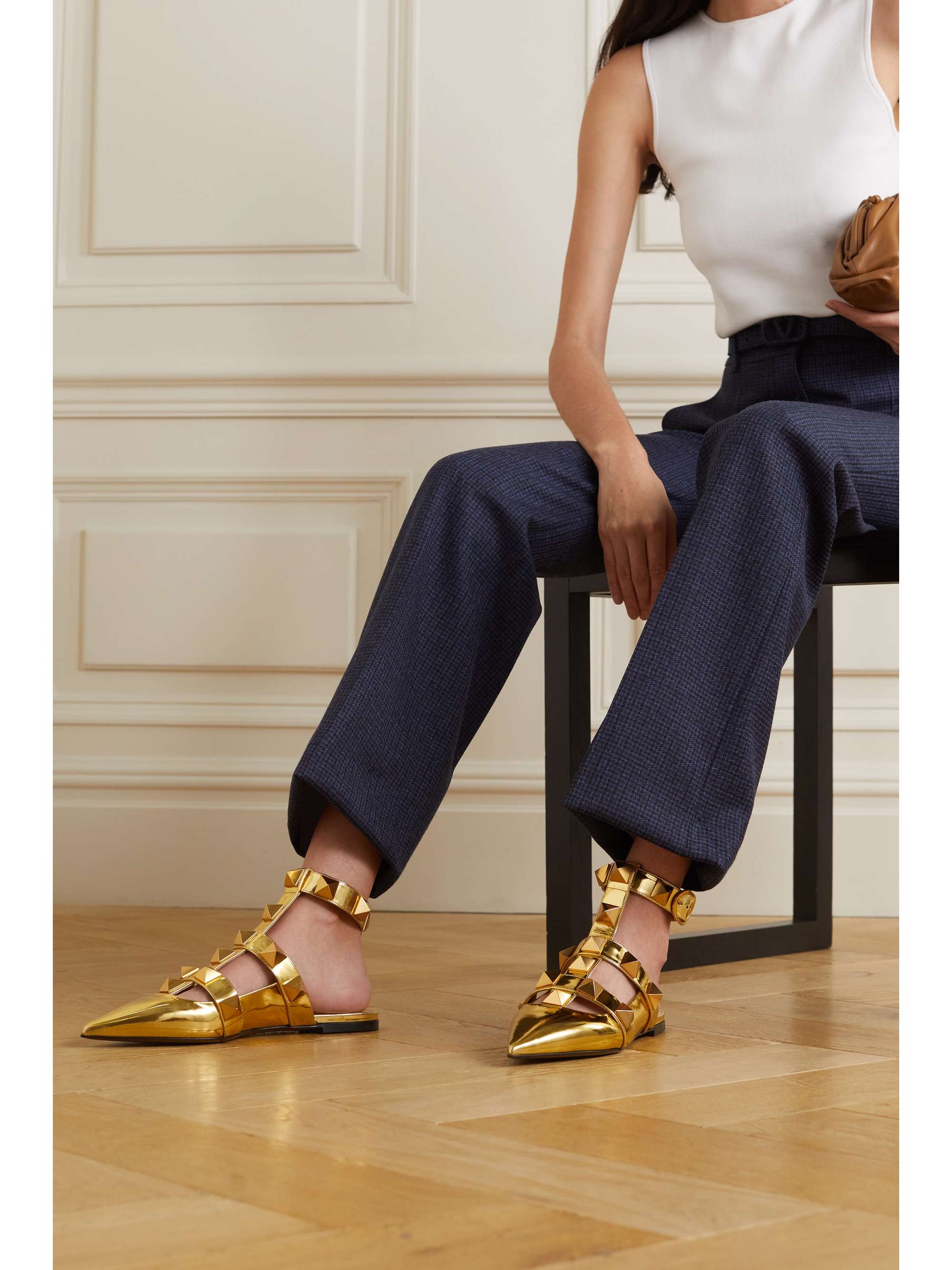 Gold Valentino Garavani Roman Stud metallic leather point-toe flats ...