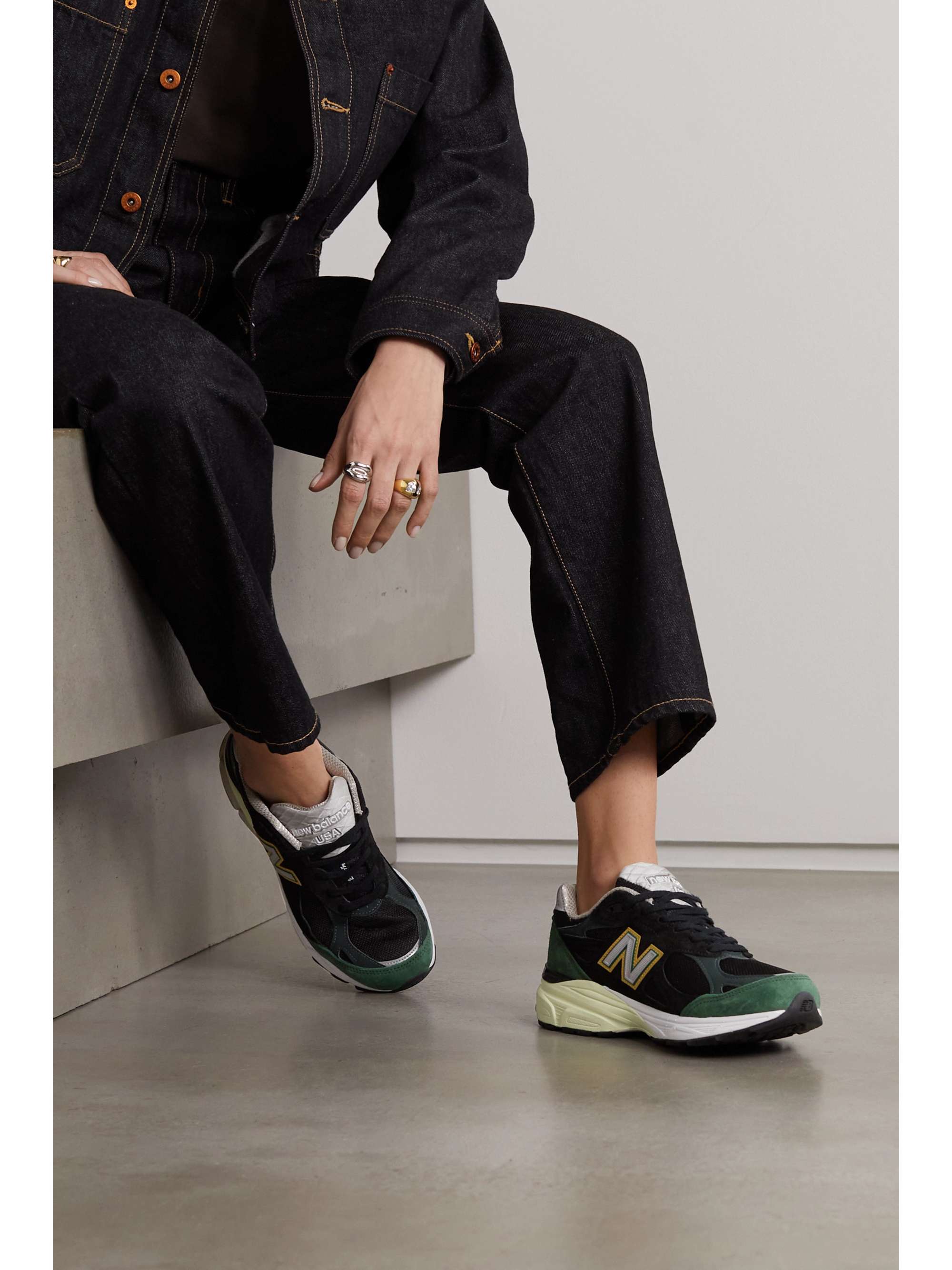 Black 990v3 leather-trimmed suede and 