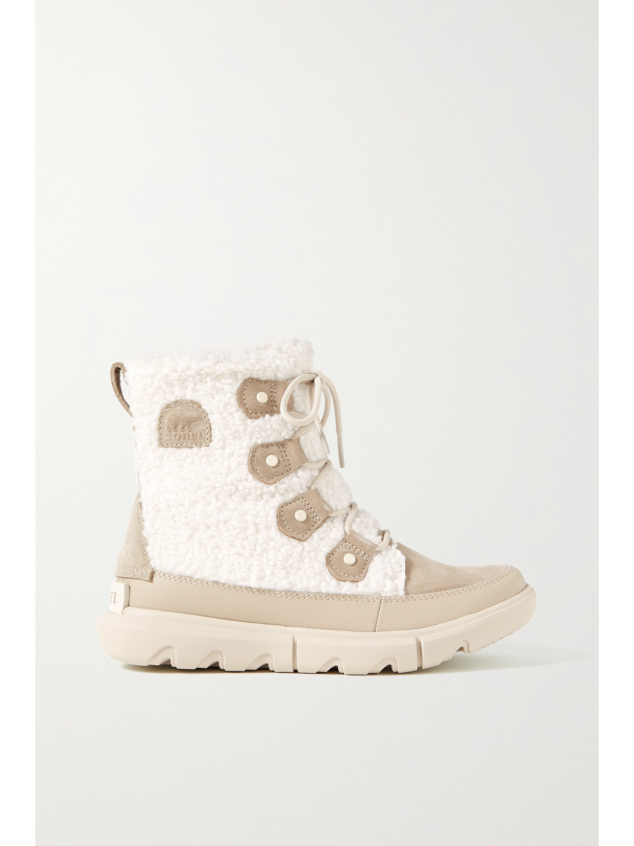 SOREL EXPLORER II JOAN COZY FAUX SHEARLING AND SUEDE ANKLE BOOTS