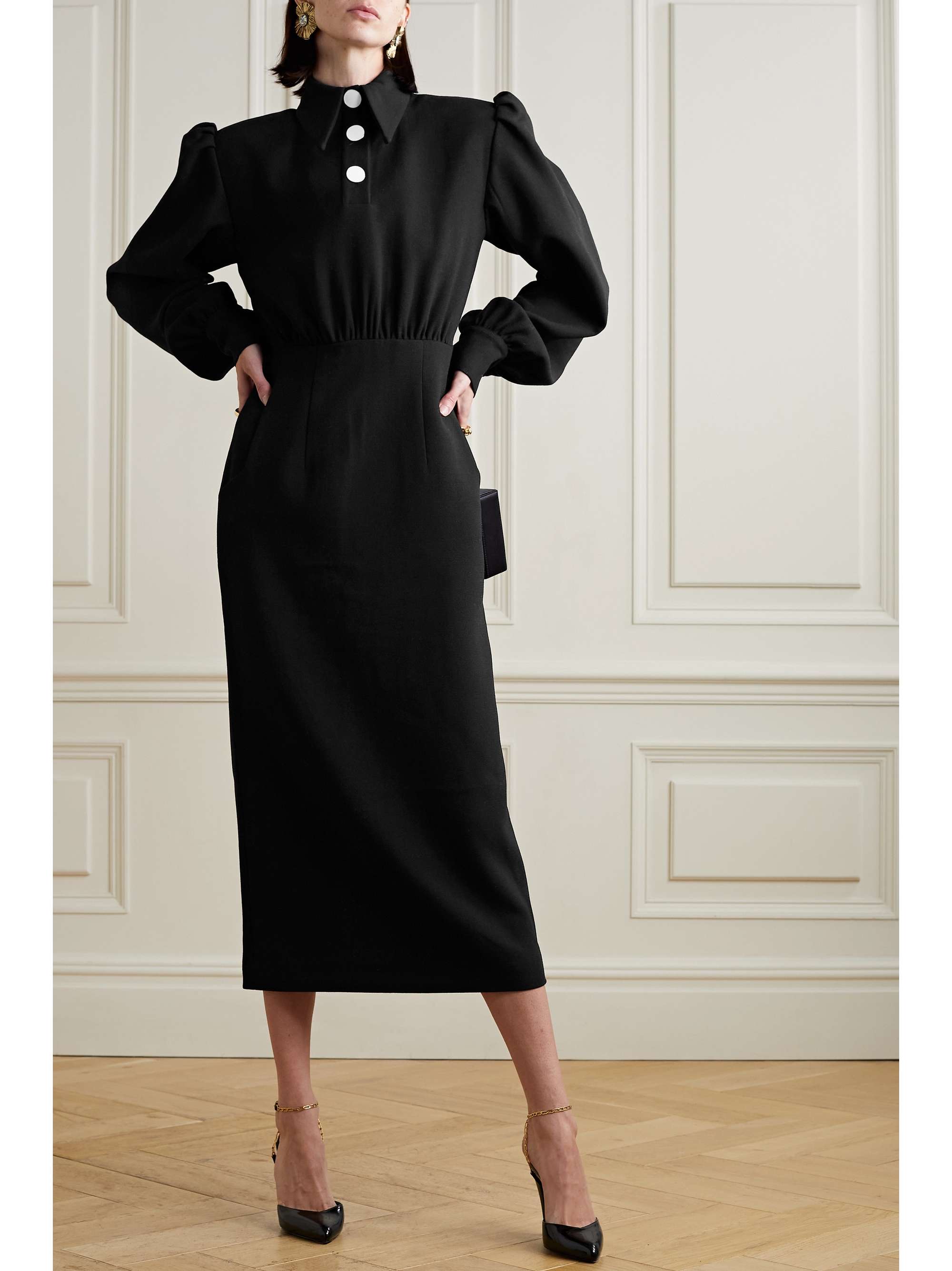 ROWEN ROSE Button-embellished wool-crepe midi dress