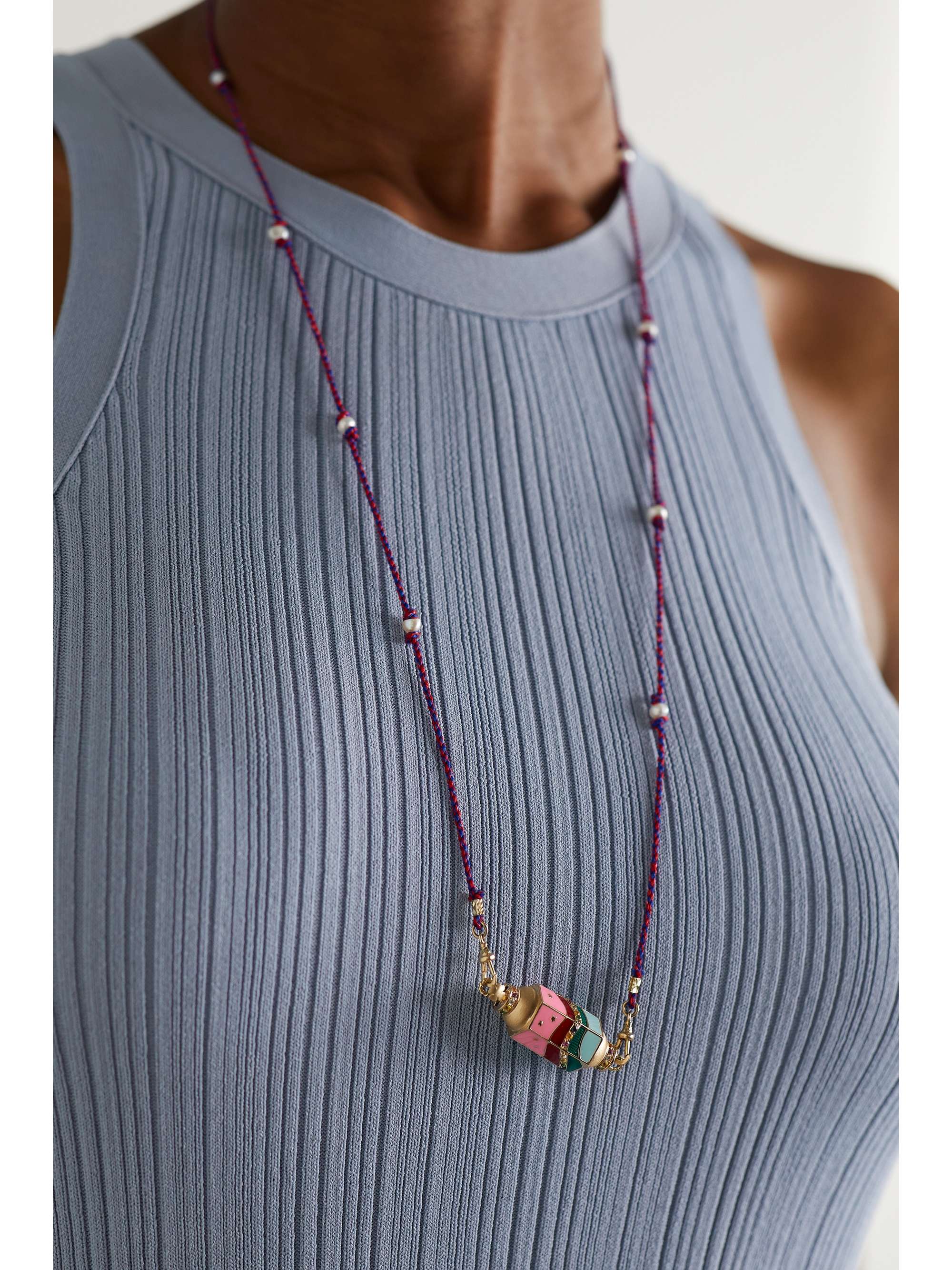 MARIE LICHTENBERG Evil Eye 14-karat gold, enamel, pearl and diamond necklace