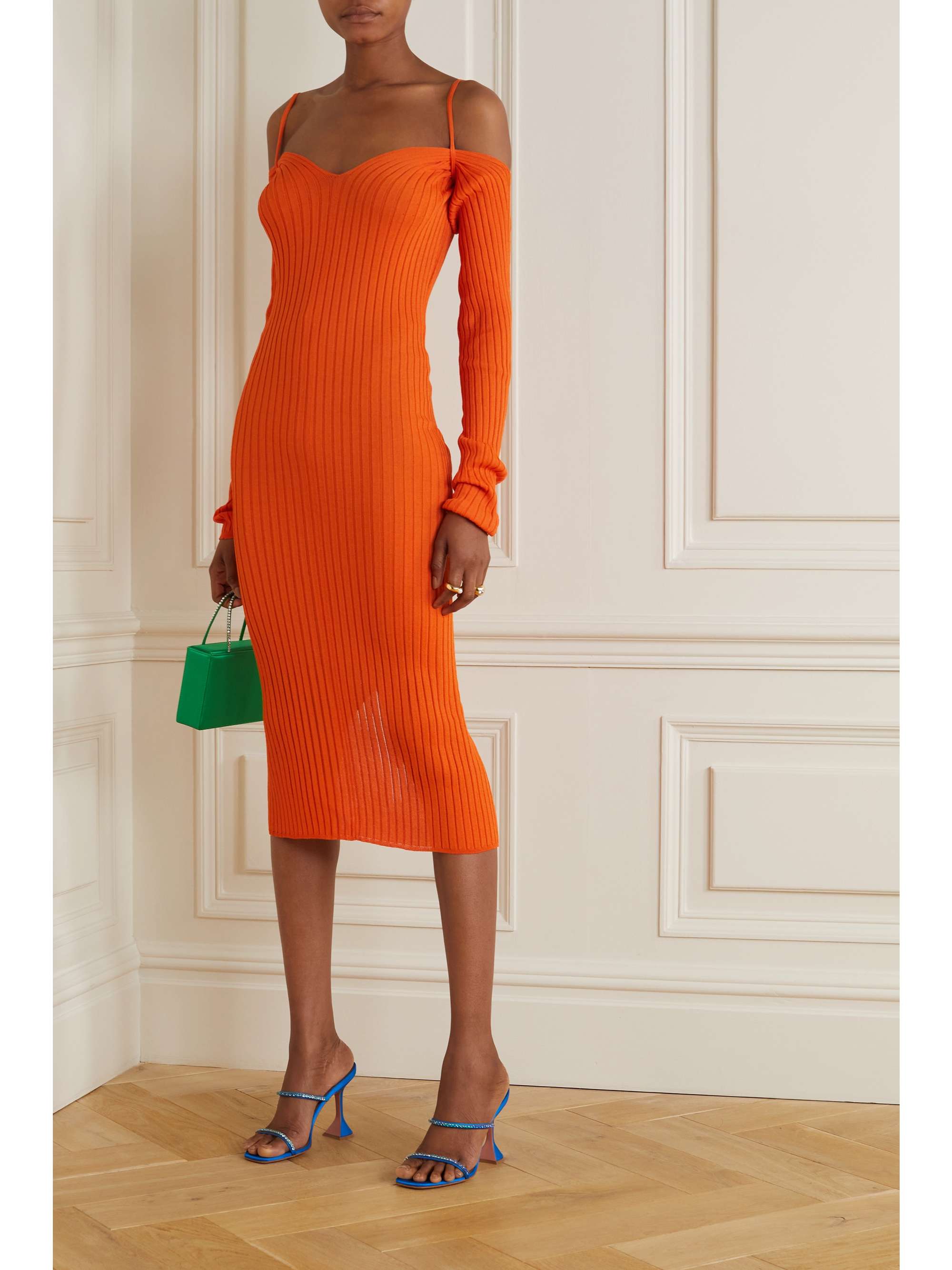IOANNES Billowy cold-shoulder ribbed-knit midi dress