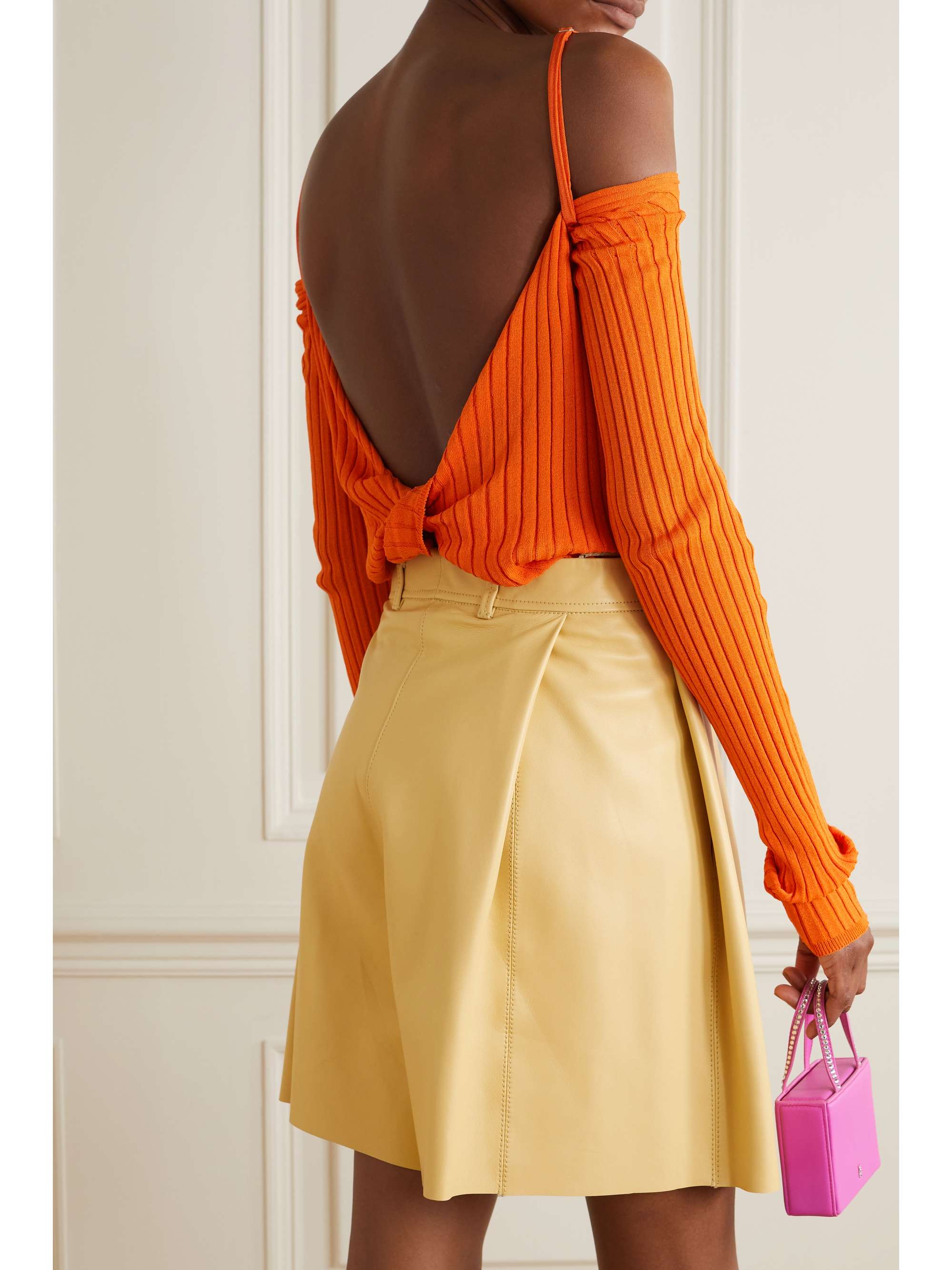 IOANNES Billowy cold-shoulder twist-back ribbed-knit top