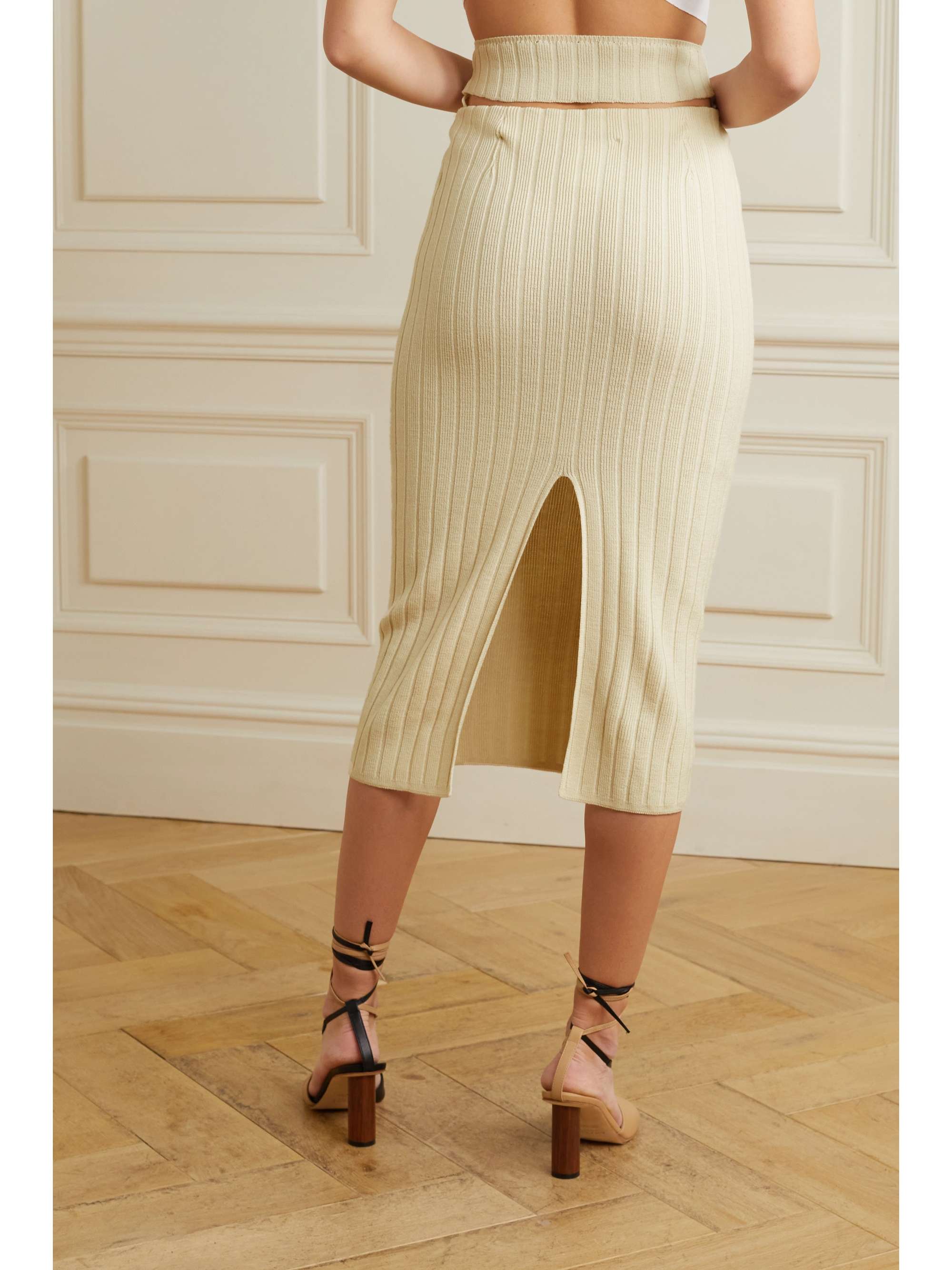 IOANNES Cutout ribbed merino wool-blend midi skirt