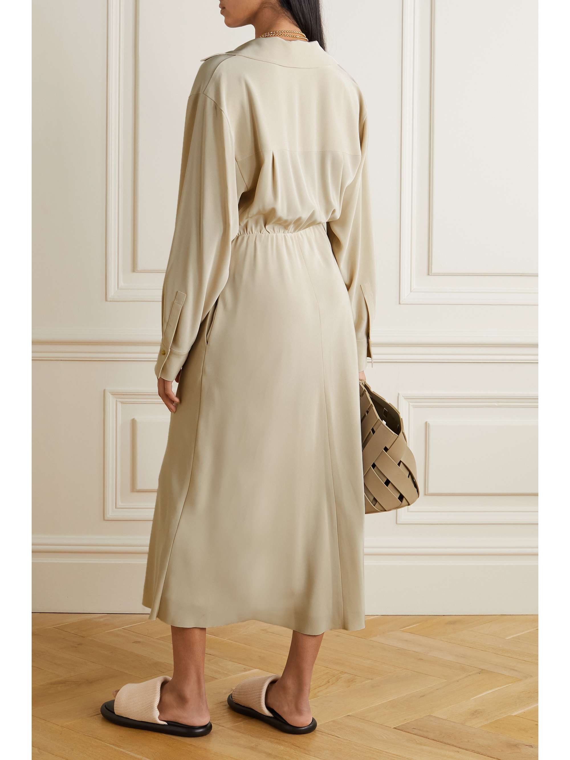 vince draped silk panel midi dress