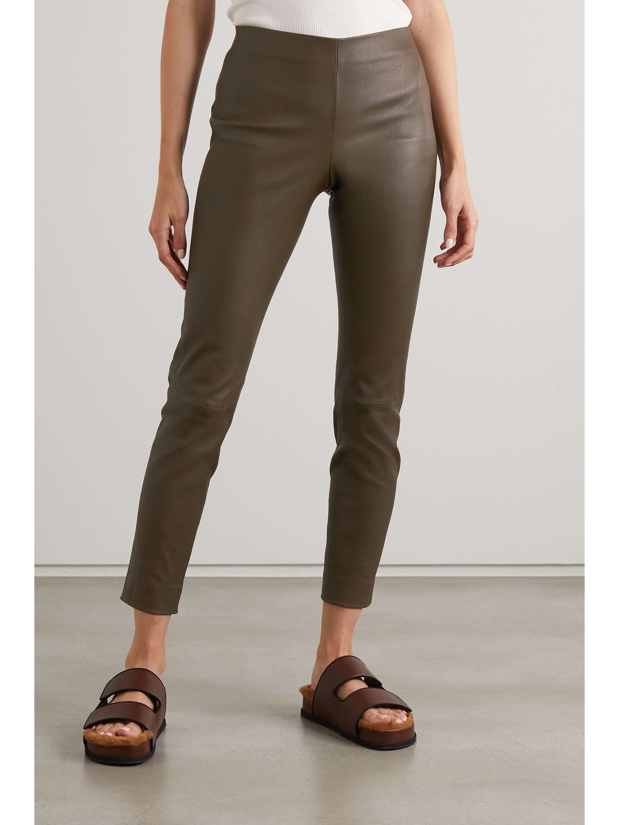 Army green Cropped leather leggings 