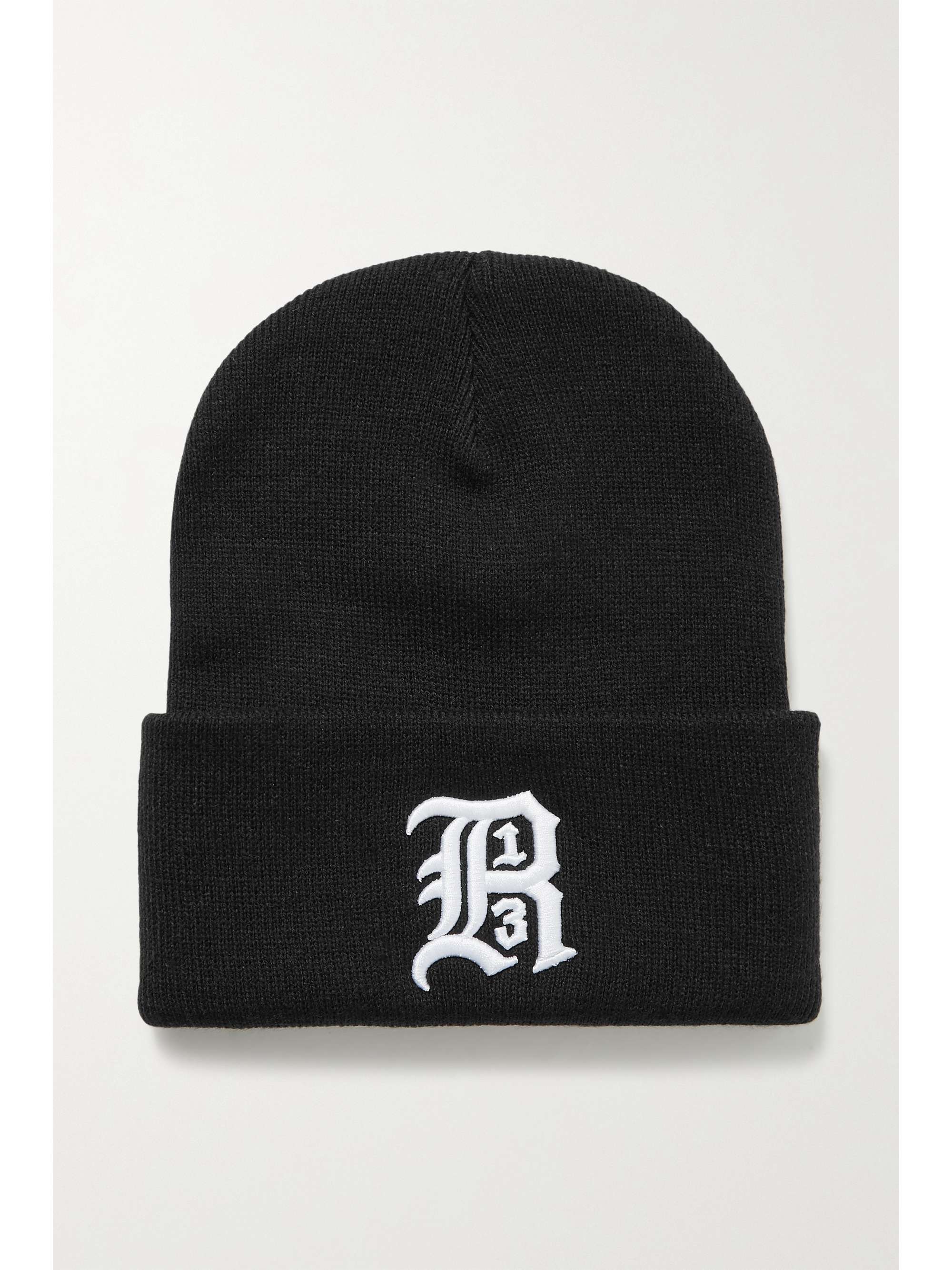 Black Embroidered ribbed-knit beanie 