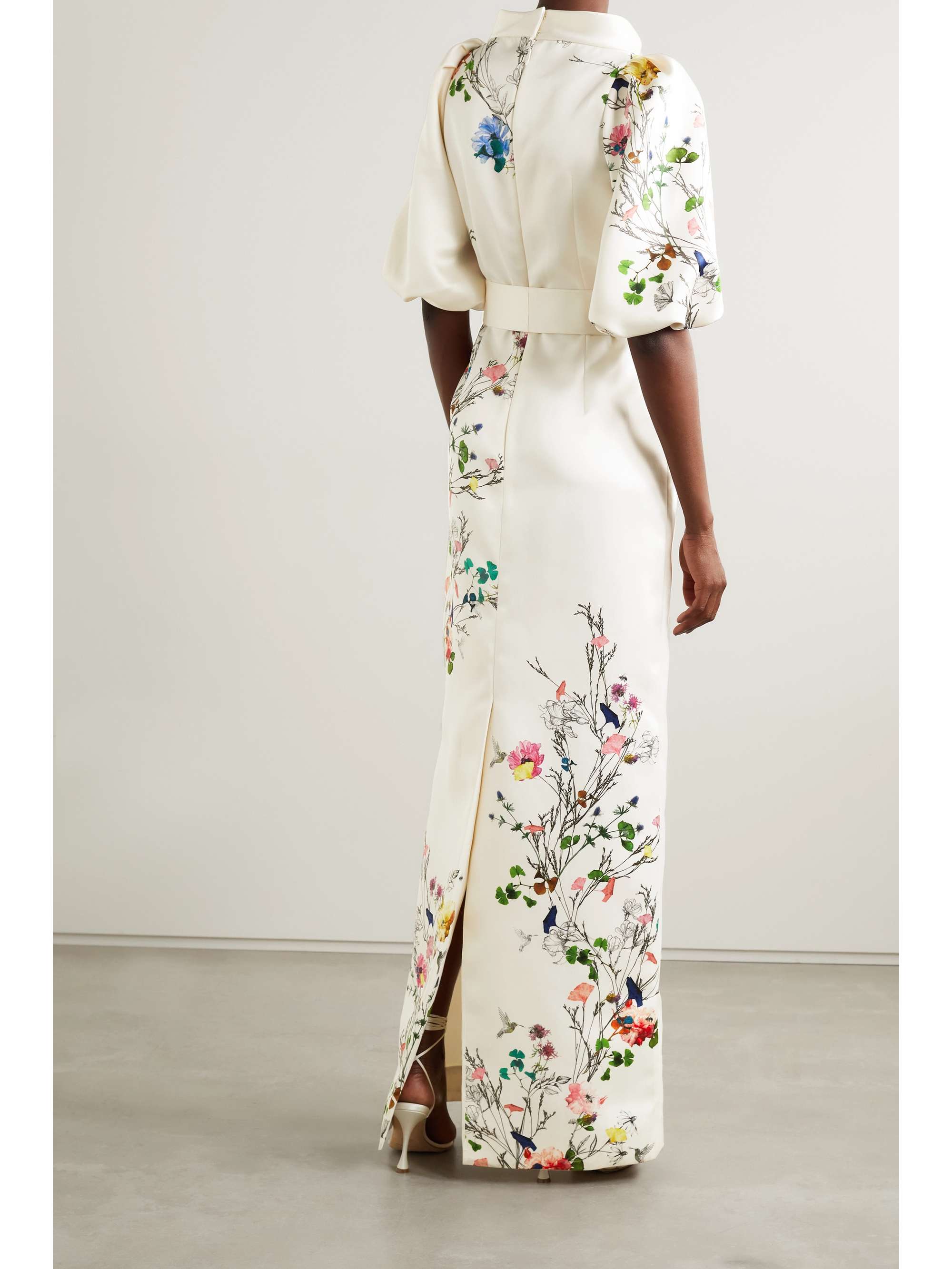 MONIQUE LHUILLIER Belted floral-print duchesse-satin gown