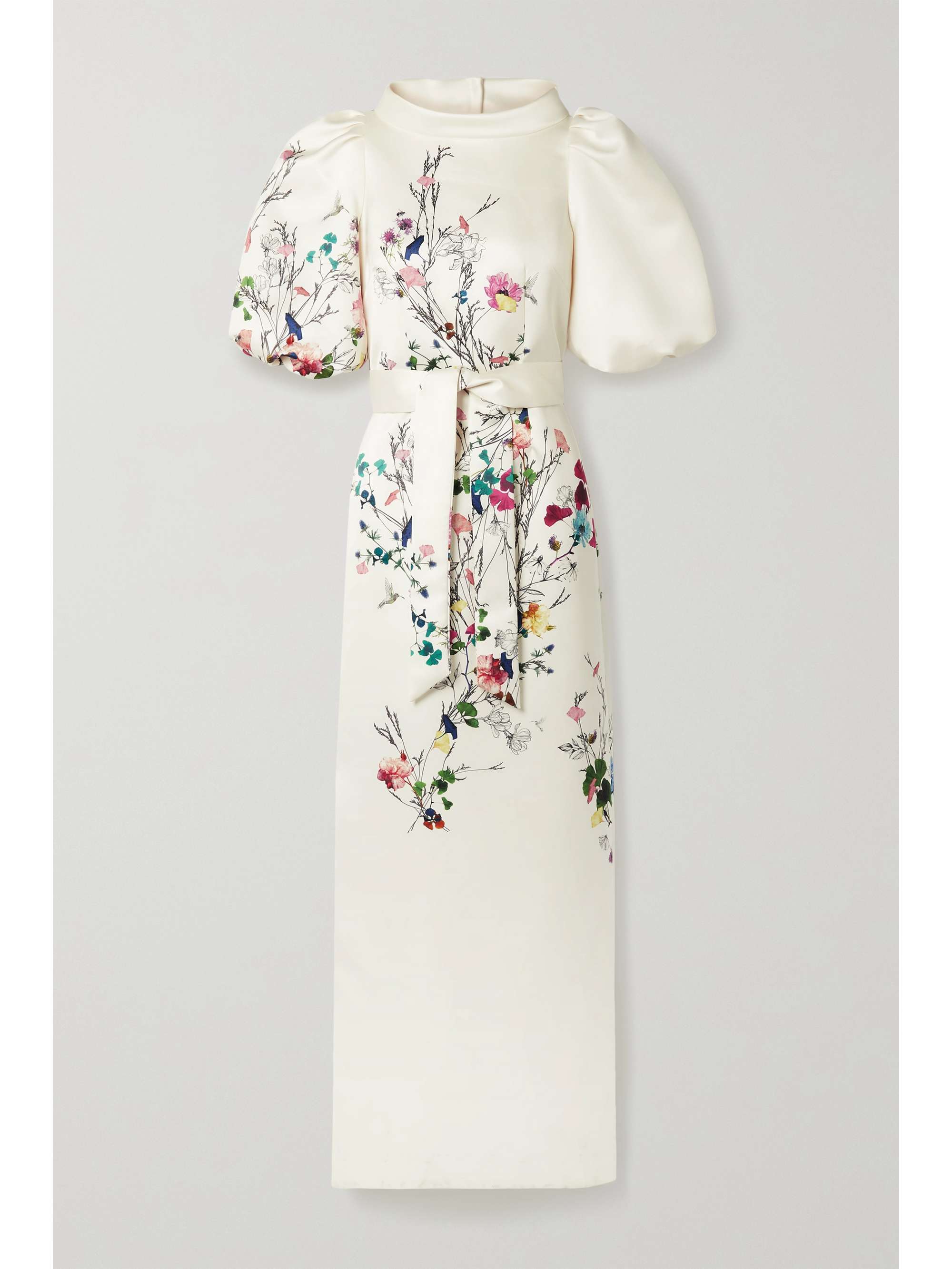 MONIQUE LHUILLIER Belted floral-print duchesse-satin gown
