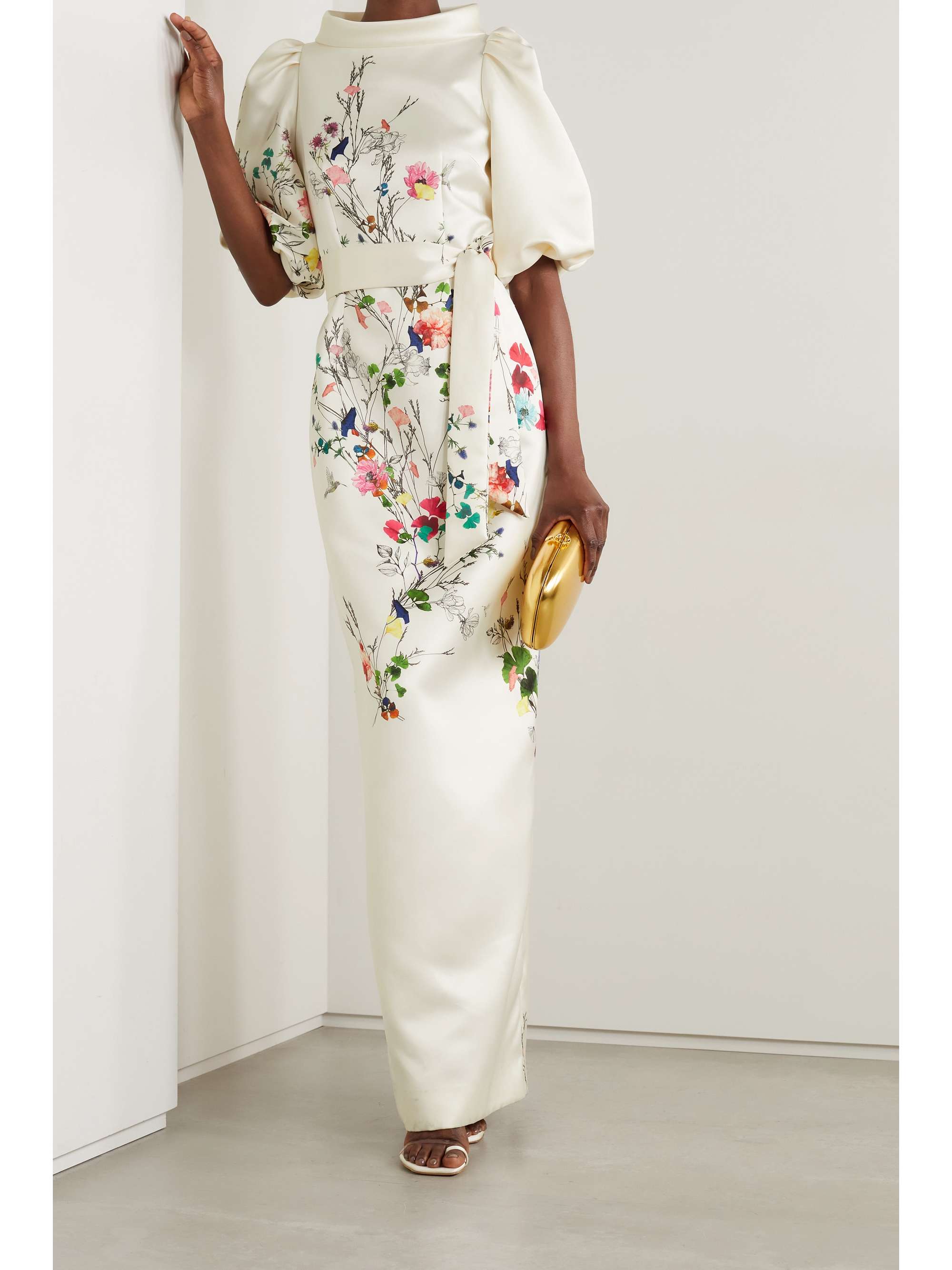 MONIQUE LHUILLIER Belted floral-print duchesse-satin gown