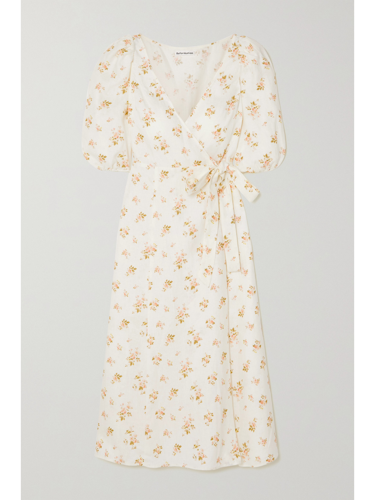Reformation Mint Floral-print Linen Wrap Midi Dress In White | ModeSens