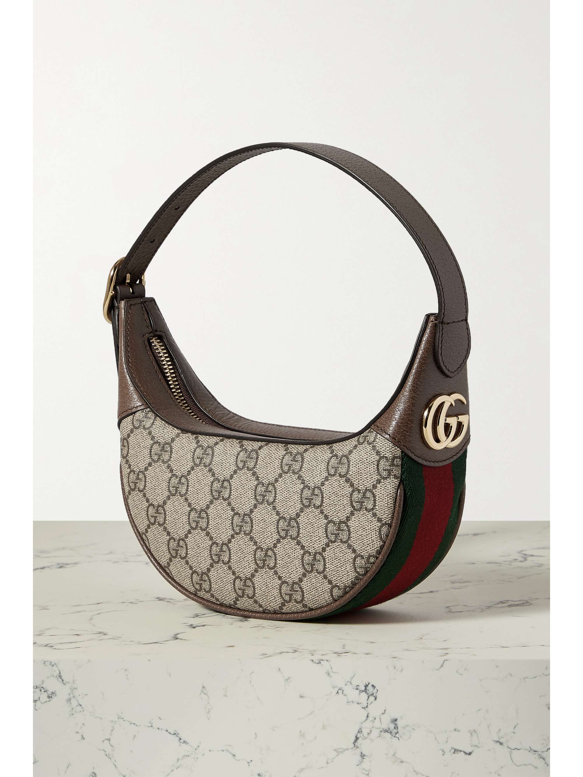 GUCCI Ophidia webbing-trimmed textured-leather and printed coated-canvas shoulder bag