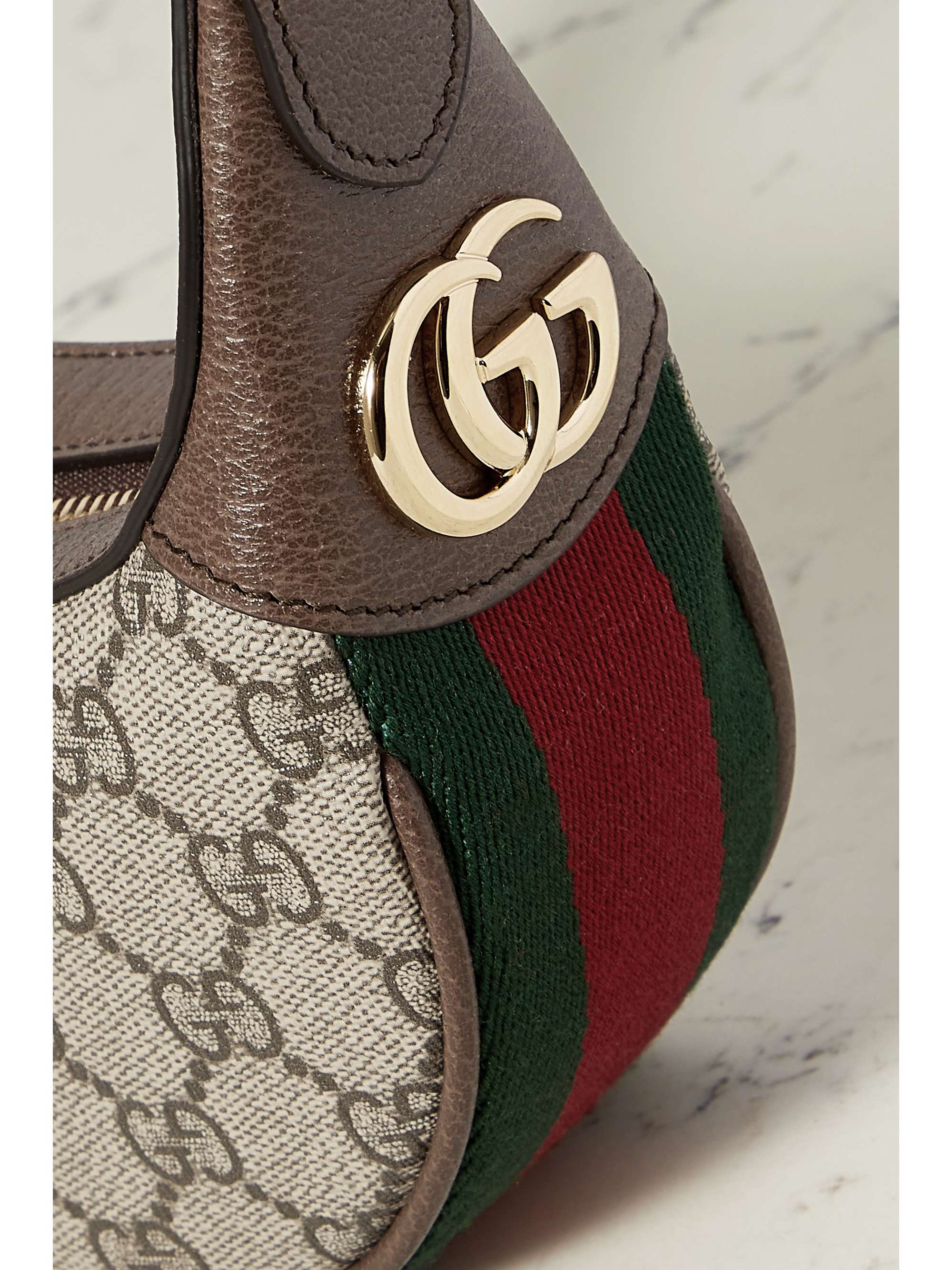 GUCCI Ophidia webbing-trimmed textured-leather and printed coated-canvas shoulder bag