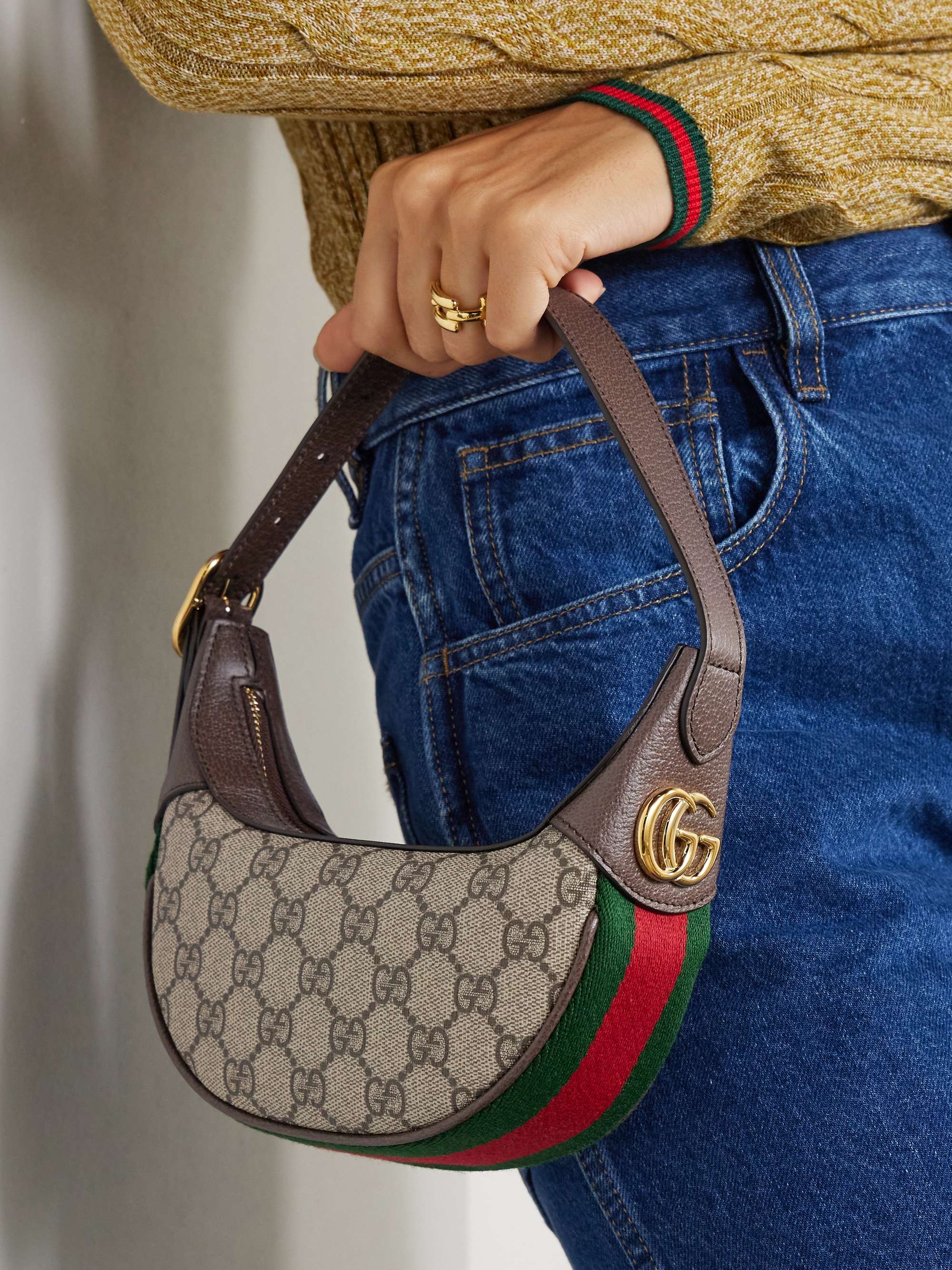 Gucci Ophidia Webbing-Trimmed Textured-leather and Printed Coated-canvas Shoulder Bag