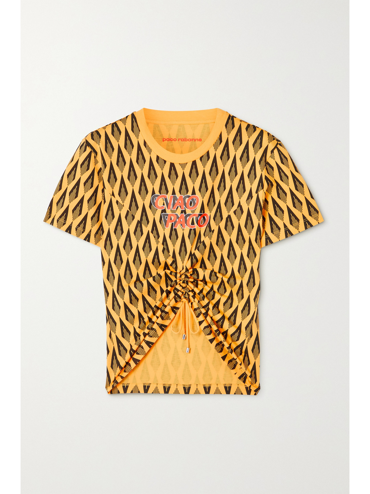 Rabanne Cropped Ruched Printed Cotton-jersey T-shirt In Yellow