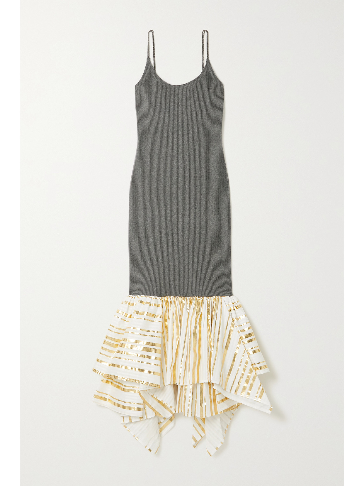 Jw Anderson Metallic Satin-jacquard And Ribbed Cotton Midi Dress In Gray