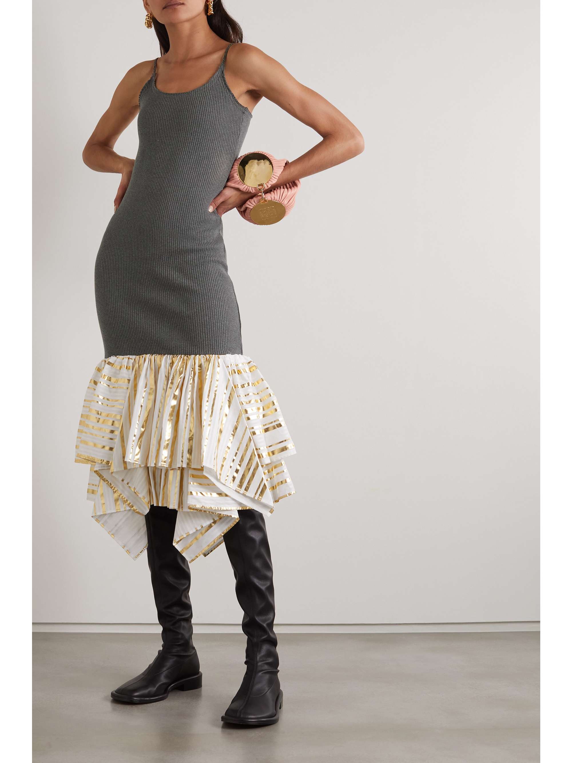 Metallic satin-jacquard and ribbed cotton midi dress