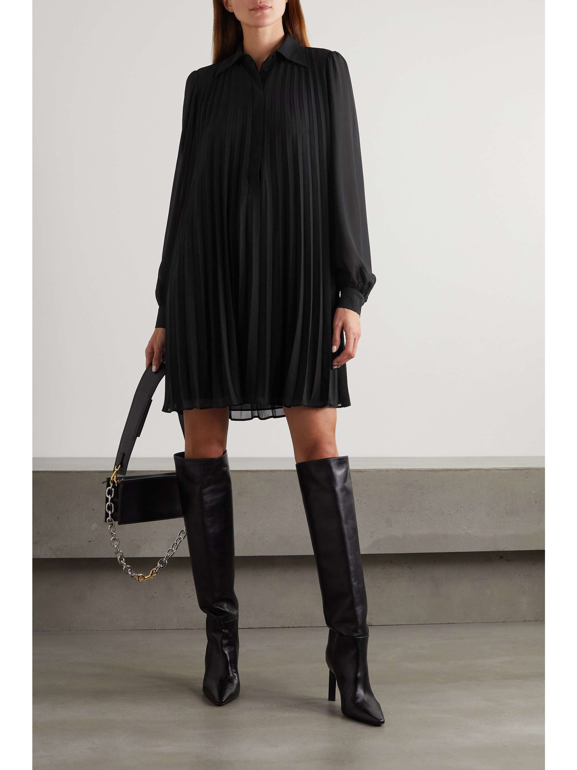 black pleated shirt dress