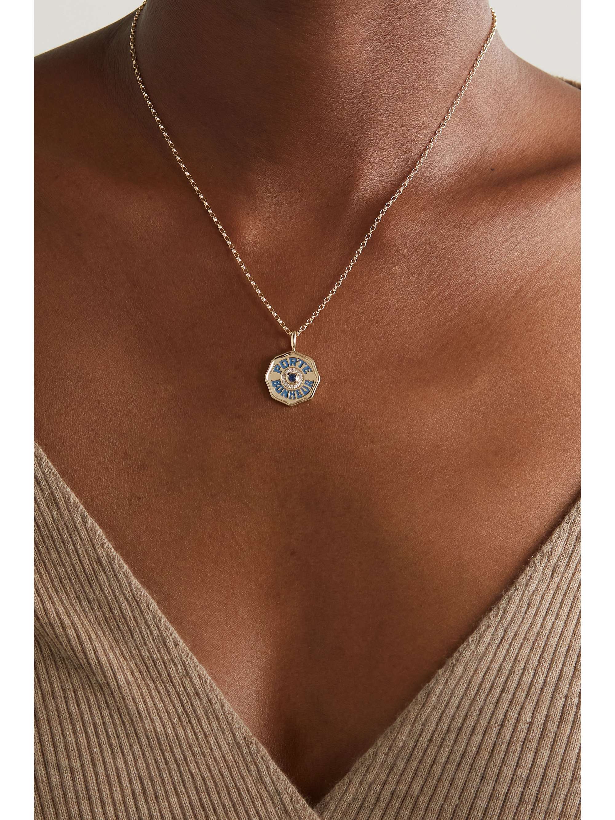 MARLO LAZ Mini Porte Bonheur 14-karat white gold, enamel and diamond necklace