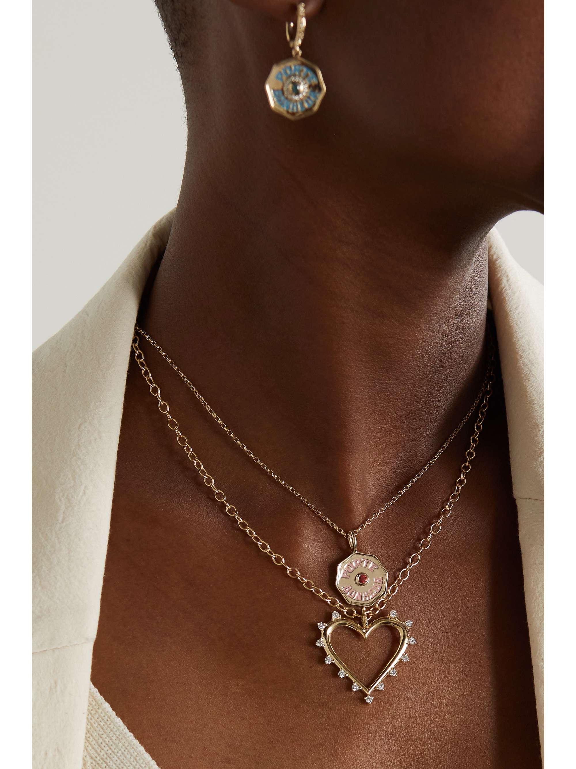 MARLO LAZ Mini Porte Bonheur 14-karat white gold, enamel and diamond necklace