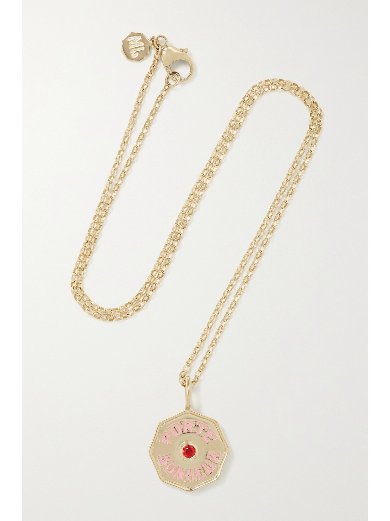 MARLO LAZ MINI PORTE BONHEUR COIN 14-KARAT GOLD, ENAMEL AND SAPPHIRE NECKLACE