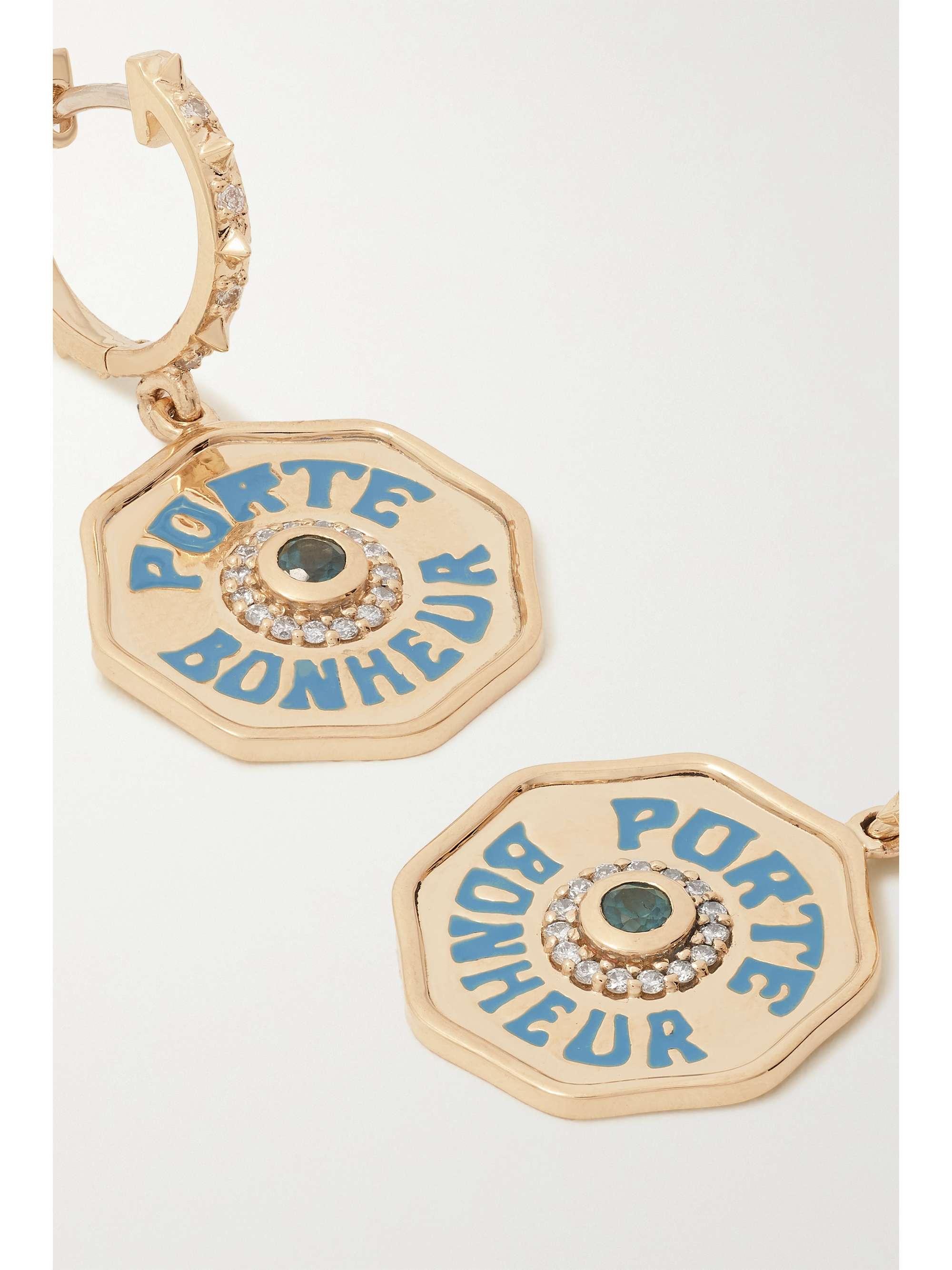 MARLO LAZ Wee Porte Bonheur Creolen aus 14 Karat Gold mit Emaille und Diamanten