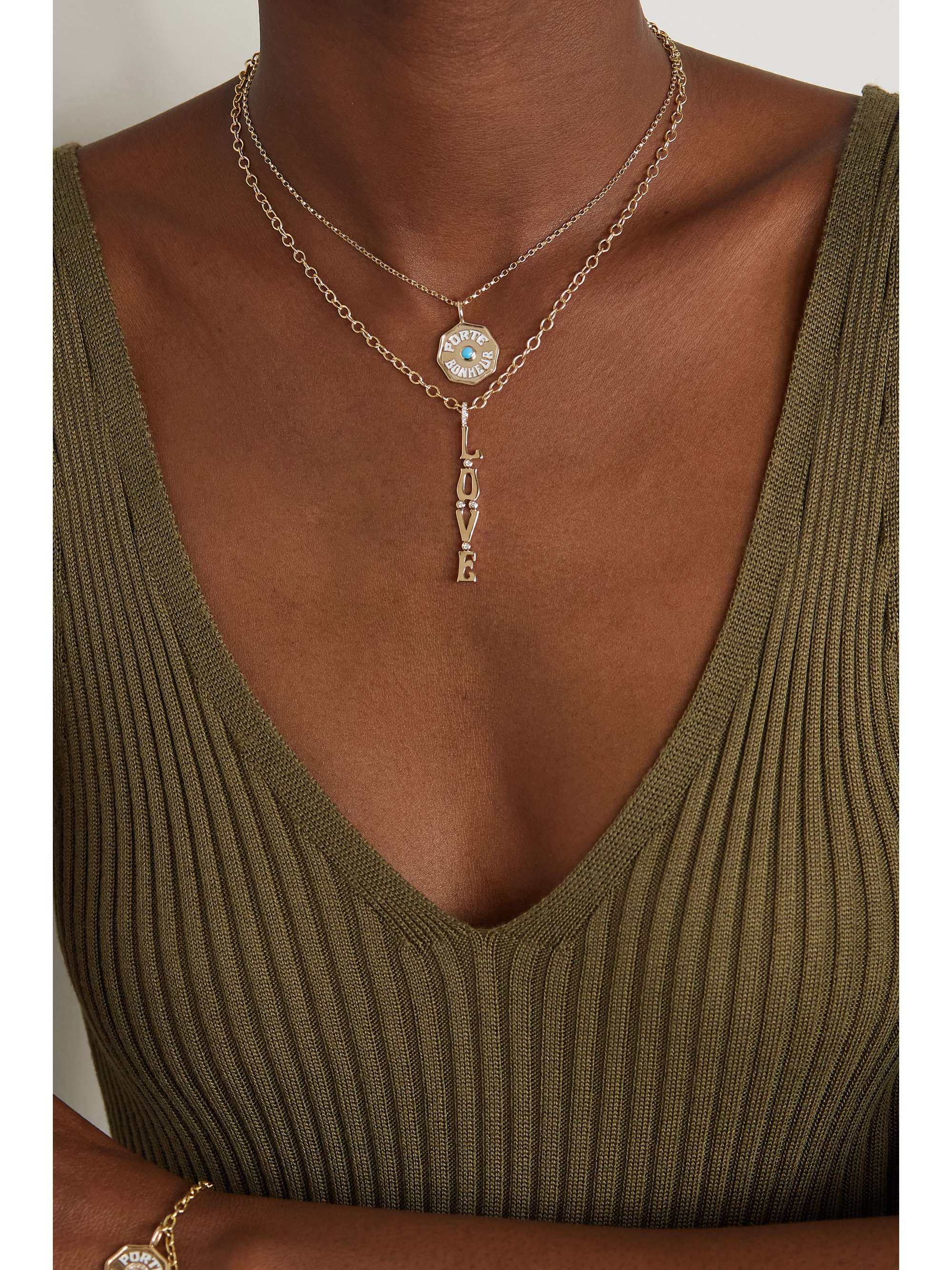 MARLO LAZ Mini Porte Bonheur 14-karat white gold, enamel and diamond necklace