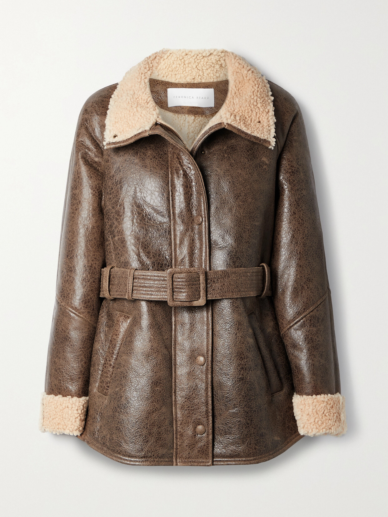 Veronica Beard Bonny Belted Shearling-lined Textured-leather Coat