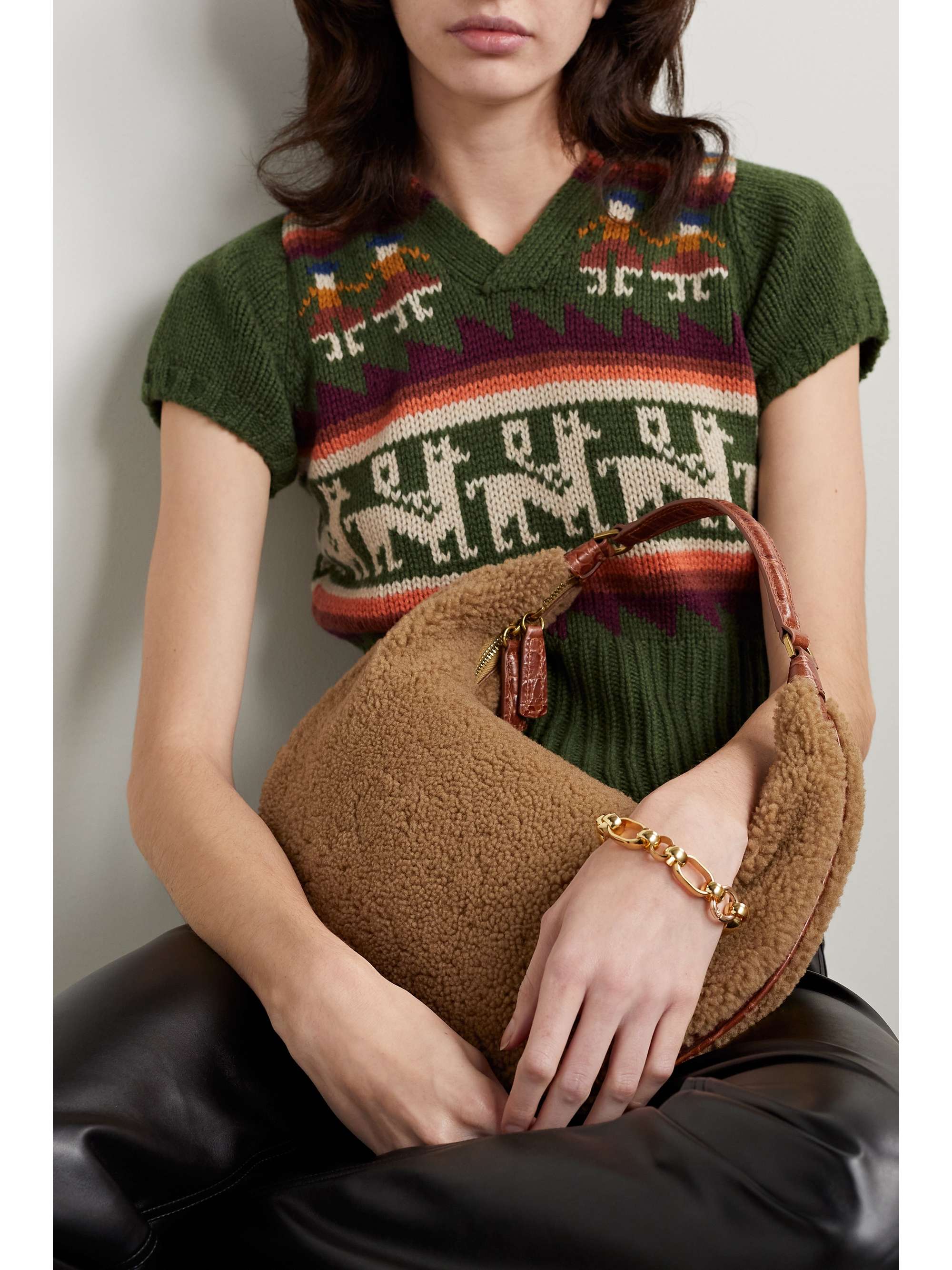 STAUD Sasha croc-effect leather-trimmed shearling shoulder bag