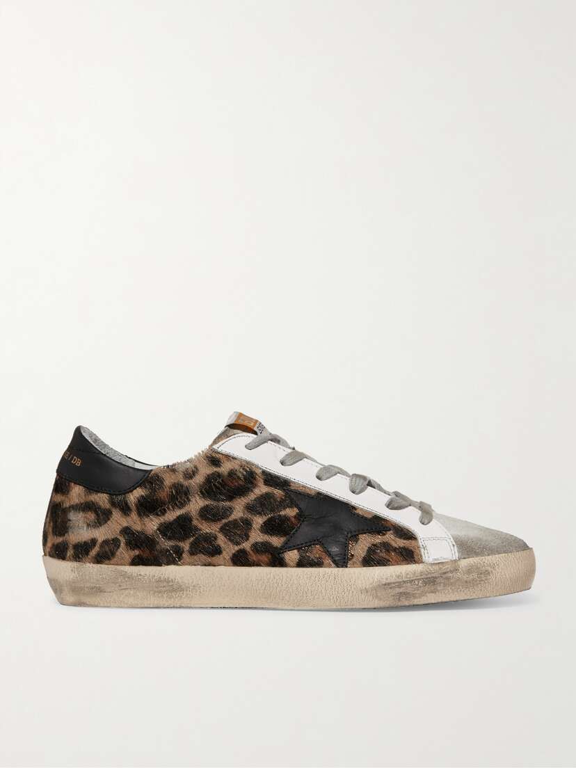 Golden Goose Superstar Distressed Leopard-print Calf Hair, Leather And Suede Sneakers
