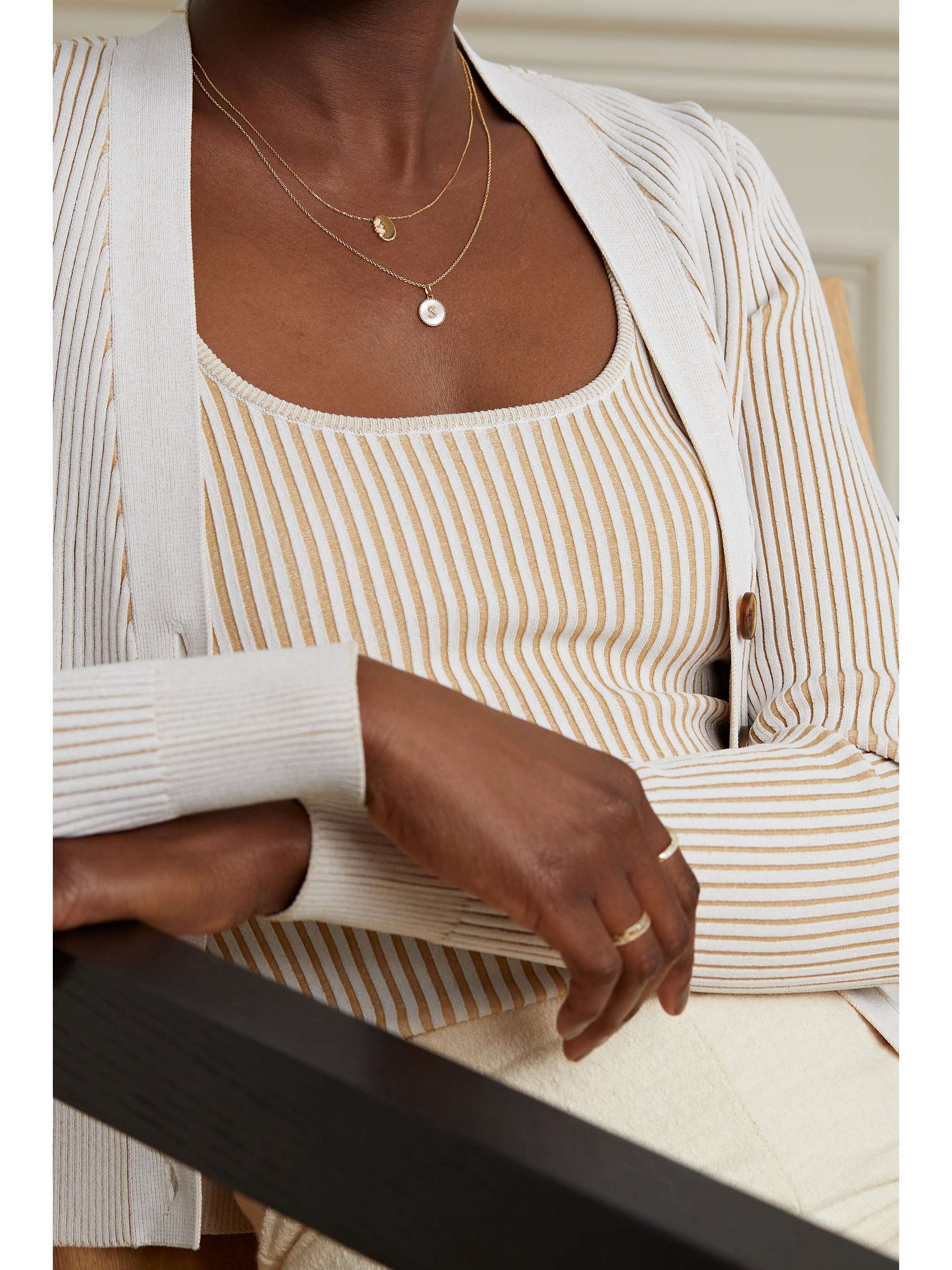STONE AND STRAND Moonlight Pavé Initial 10karat gold, motherofpearl