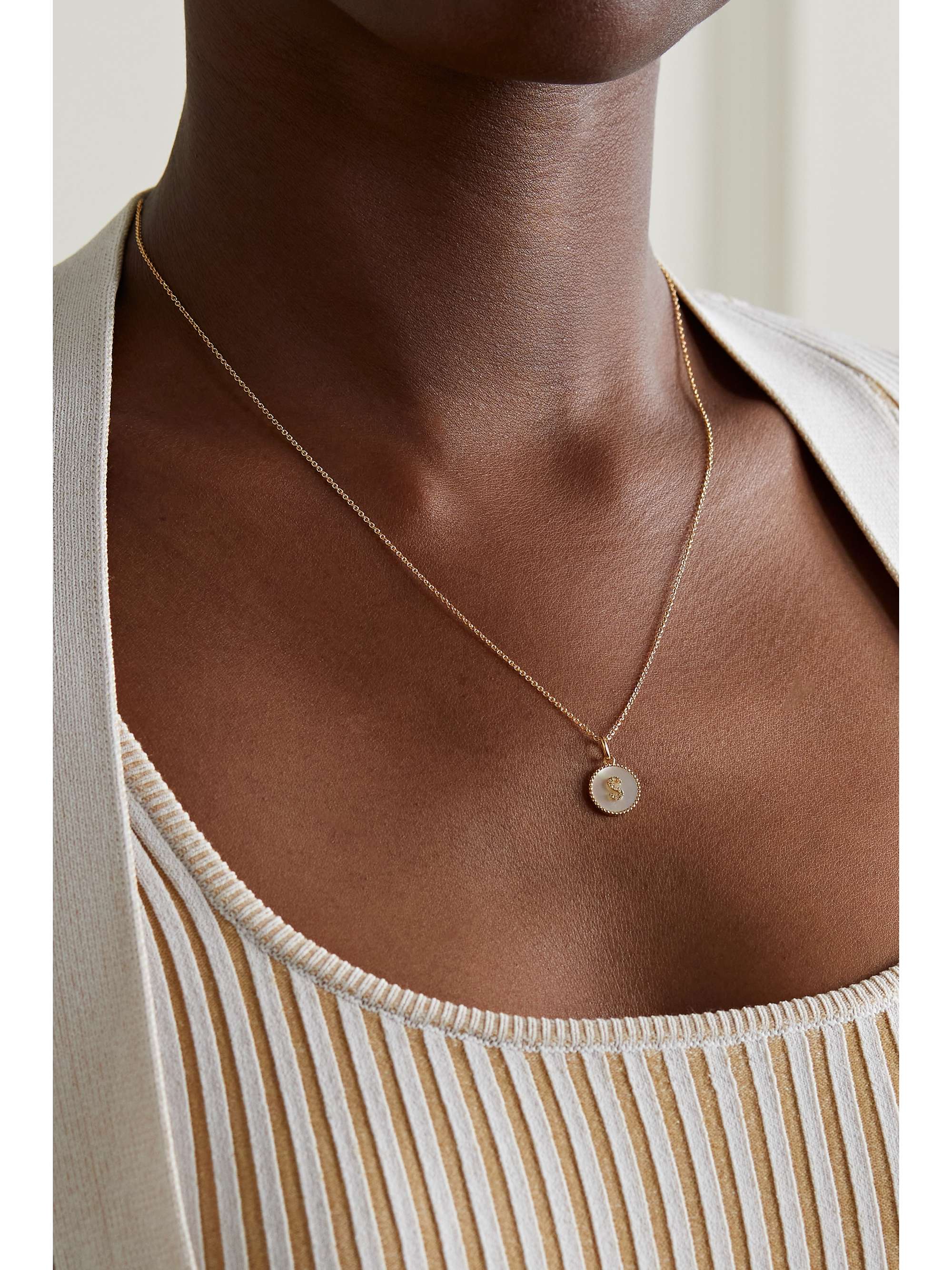 STONE AND STRAND Moonlight Pavé Initial 10-karat gold, mother-of-pearl and diamond necklace