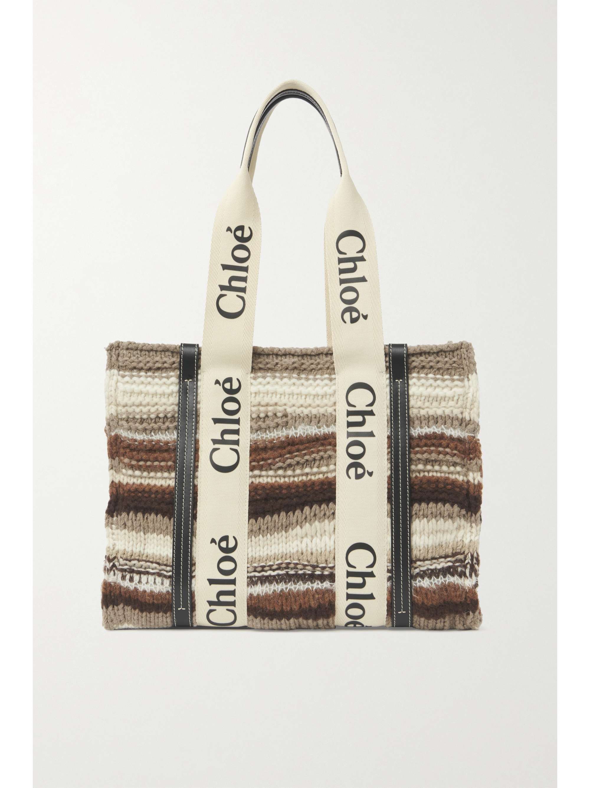 Woody medium leather-trimmed striped recycled cashmere-blend tote Woody medium leather-trimmed striped recycled cashmere-blend tote