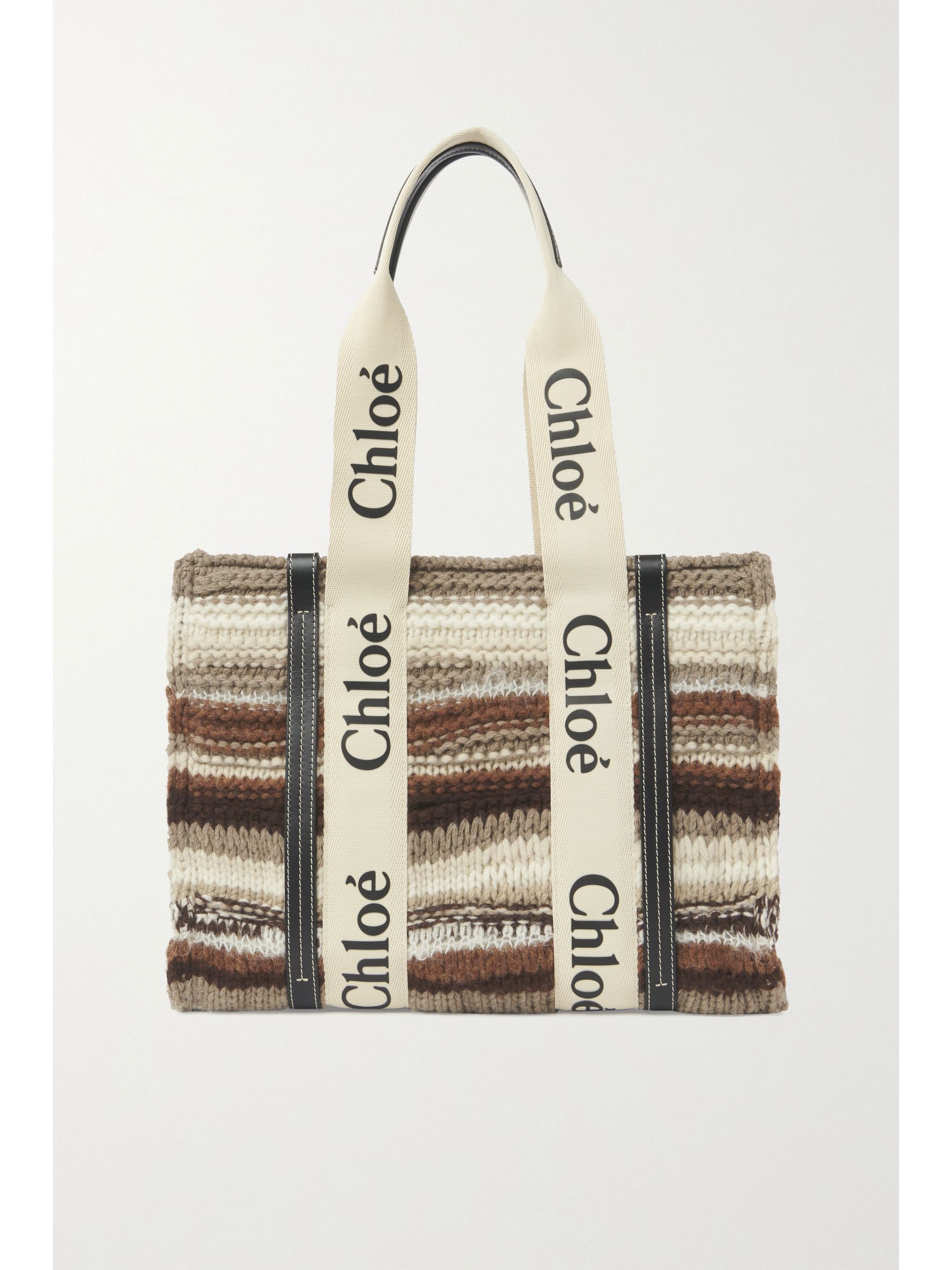 CHLOÉ Woody medium leather-trimmed striped recycled cashmere-blend tote