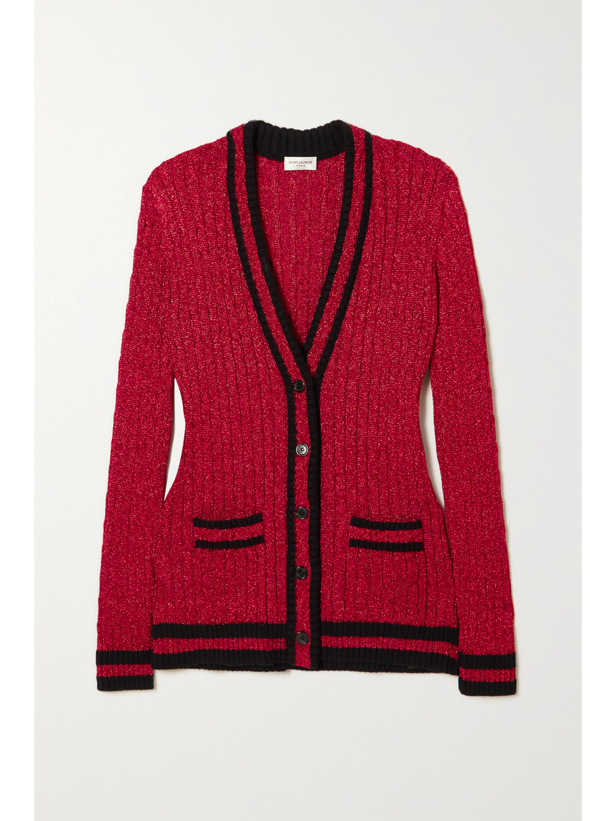 SAINT LAURENT STRIPED METALLIC CABLE-KNIT CARDIGAN