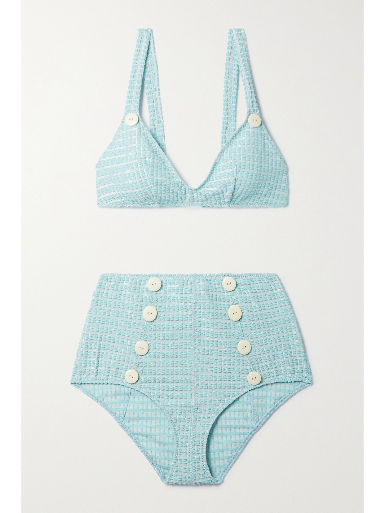 Lisa Marie Fernandez + Net Sustain Magdalena Button-embellished Seersucker Bikini In Light Blue