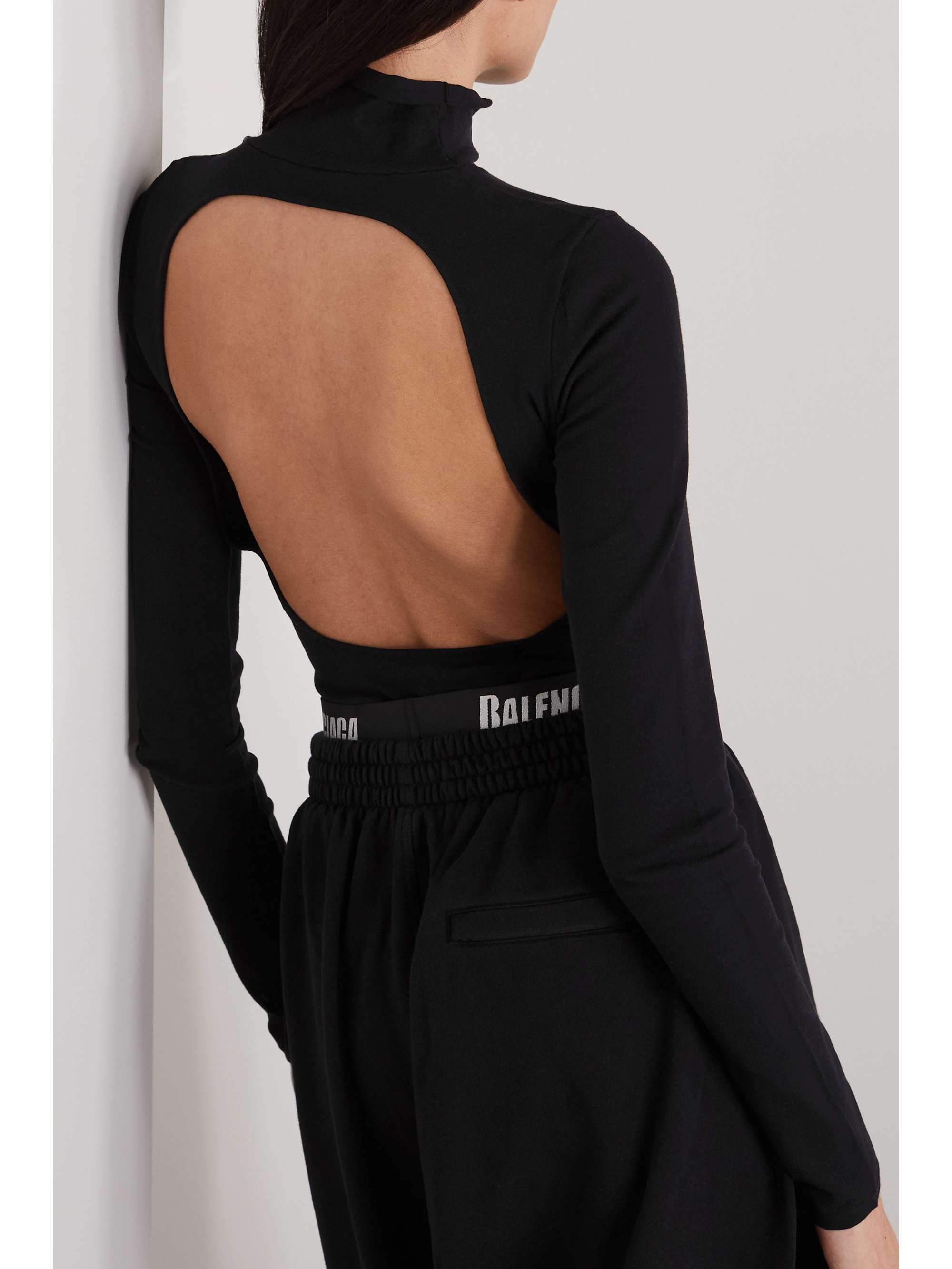 BALENCIAGA Open-back embroidered modal-blend jersey turtleneck top