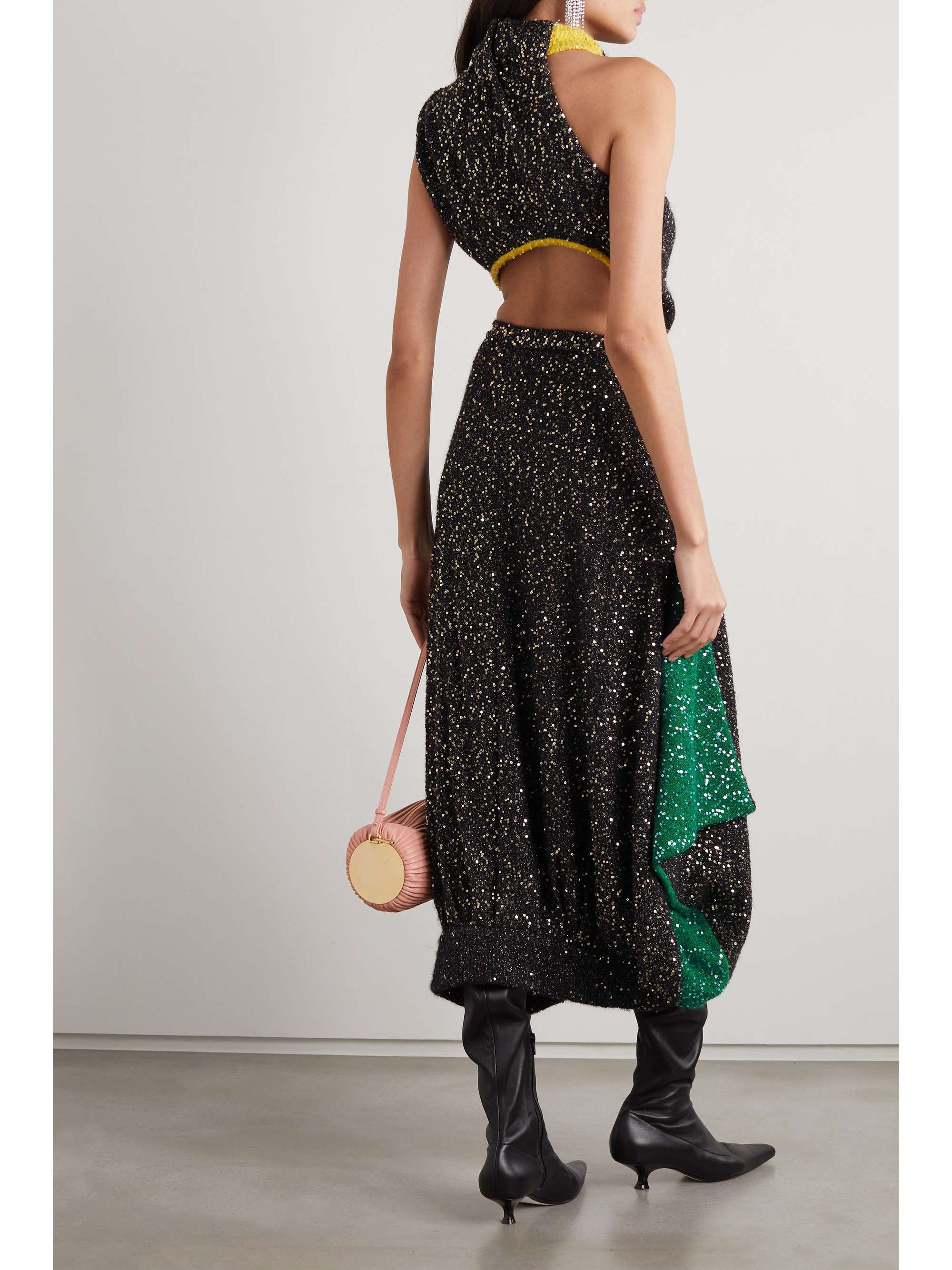 LOEWE Asymmetric cutout sequined metallic knitted maxi dress