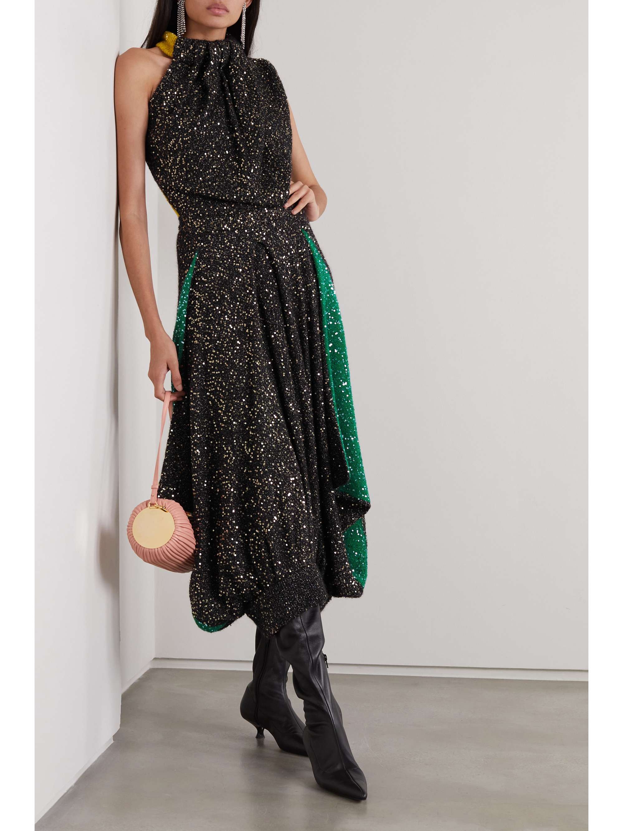 LOEWE Asymmetric cutout sequined metallic knitted maxi dress