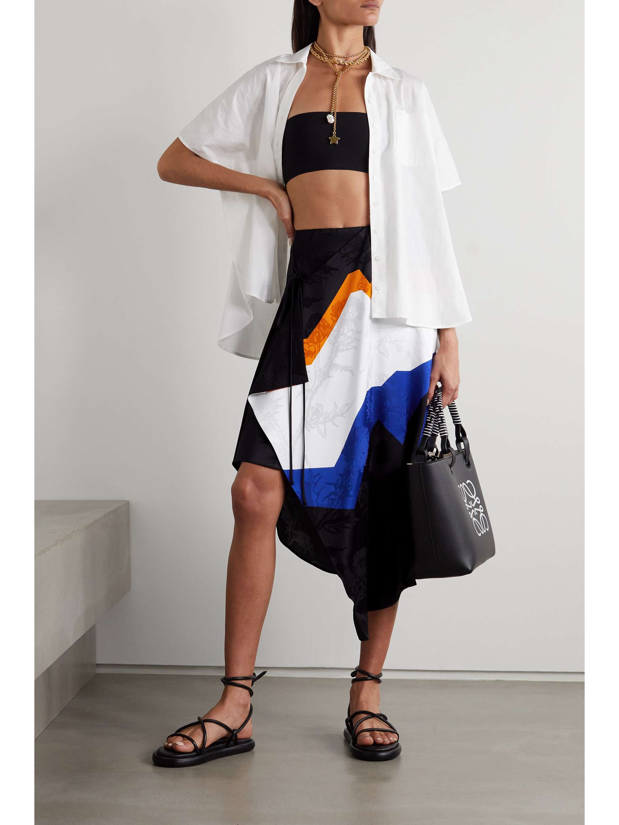 LOEWE Asymmetric draped striped satin-jacquard midi skirt