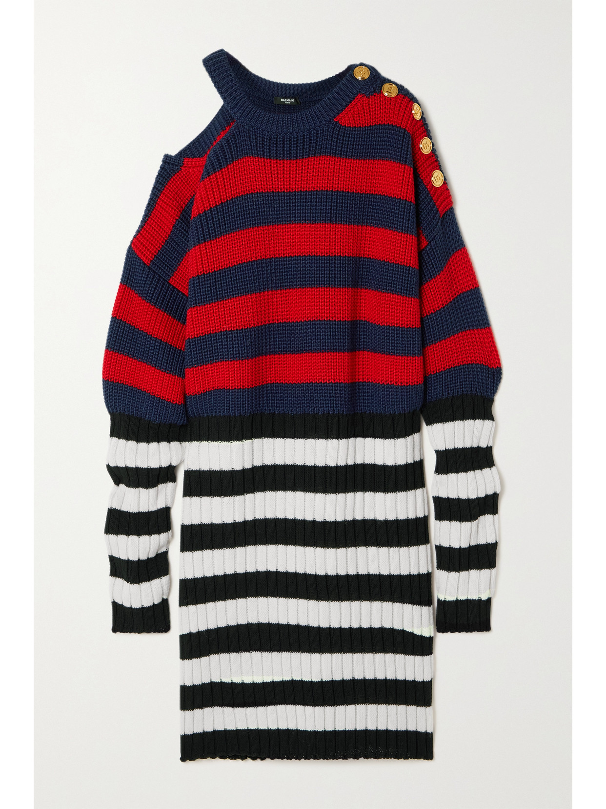 BALMAIN BUTTON-EMBELLISHED CUTOUT STRIPED WOOL-BLEND DRESS