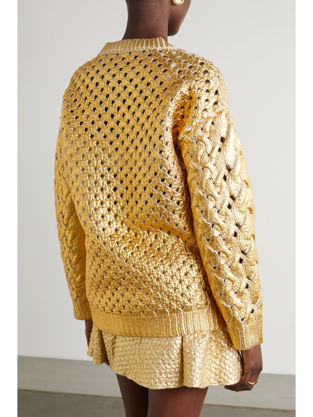 Shop Valentino Metallic Coated Cable-knit Wool Sweater In Gold