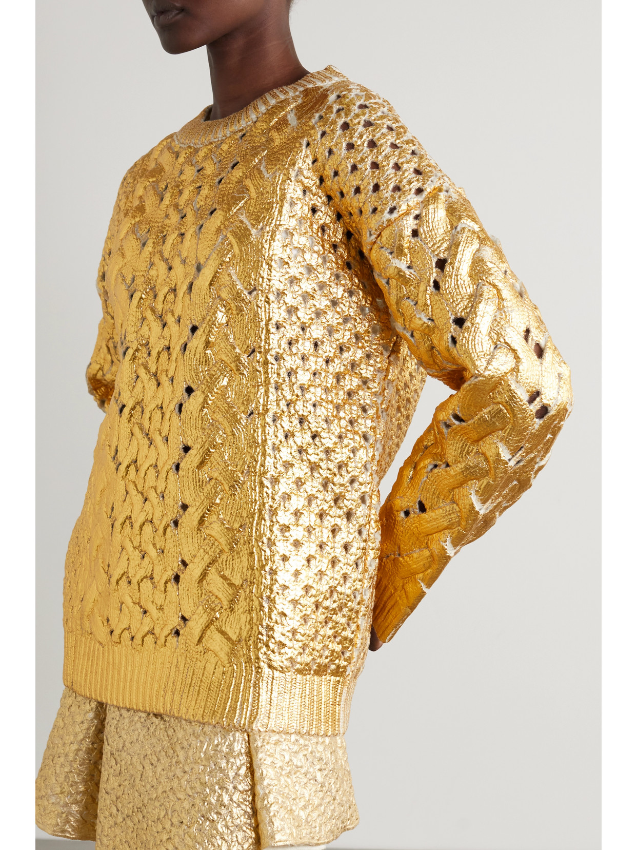 Shop Valentino Metallic Coated Cable-knit Wool Sweater In Gold