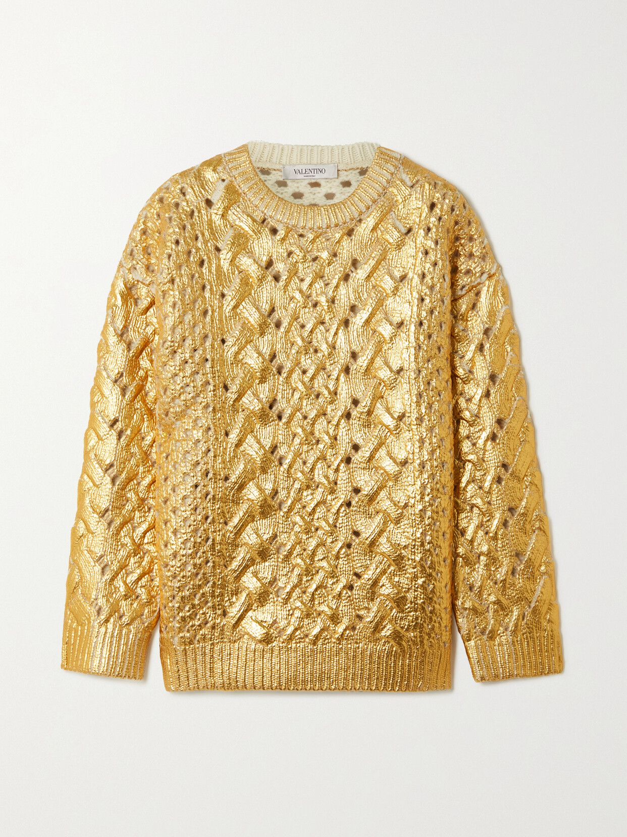 Shop Valentino Metallic Coated Cable-knit Wool Sweater In Gold